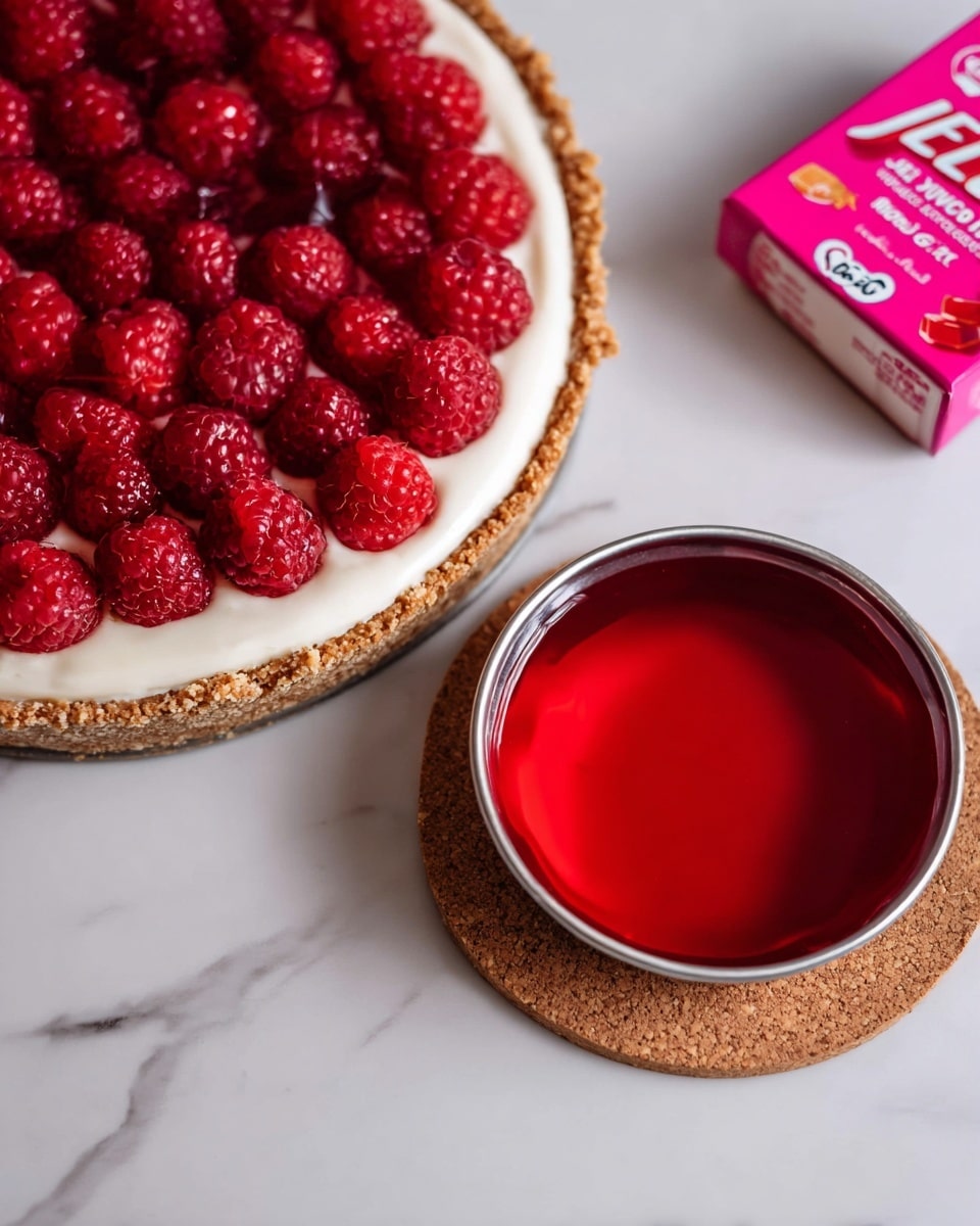 The image shows a close-up of a raspberry dessert with three clear layers. The bottom layer is a light brown crumbly crust made of crushed nuts or graham crackers, forming the round base. The second layer is creamy white and smooth, spread evenly over the crust. The top layer consists of many fresh, bright red raspberries arranged closely and evenly covering the cream. In front of the dessert is a small silver pan with vibrant red jelly, sitting on a round cork mat. To the right, there is a bright pink box of raspberry-flavored jelly mix. All items are placed on a white marbled surface. photo taken with an iphone --ar 4:5 --v 7