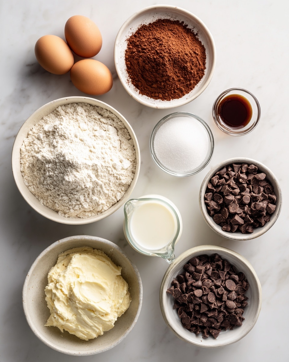 The image shows a white bowl at the top filled with layers of dry ingredients including light beige all-purpose flour, dark brown cocoa powder, rust-colored espresso powder, white baking powder, and salt clumped together. Below it and slightly to the left, a smaller white bowl holds two brown eggs. To the right of the eggs, another small white bowl is filled with fine, white sugar. Below the sugar and eggs, a tiny white bowl contains melted butter, creamy and off-white in color. Next to it, slightly lower, is a small glass pitcher filled with milk, showing a pure white liquid. Below the milk, a small glass cup holds dark brown vanilla extract. Finally, near the bottom right corner is another white bowl containing dark brown chocolate chips. All these items are placed on a white marbled surface. photo taken with an iphone --ar 4:5 --v 7