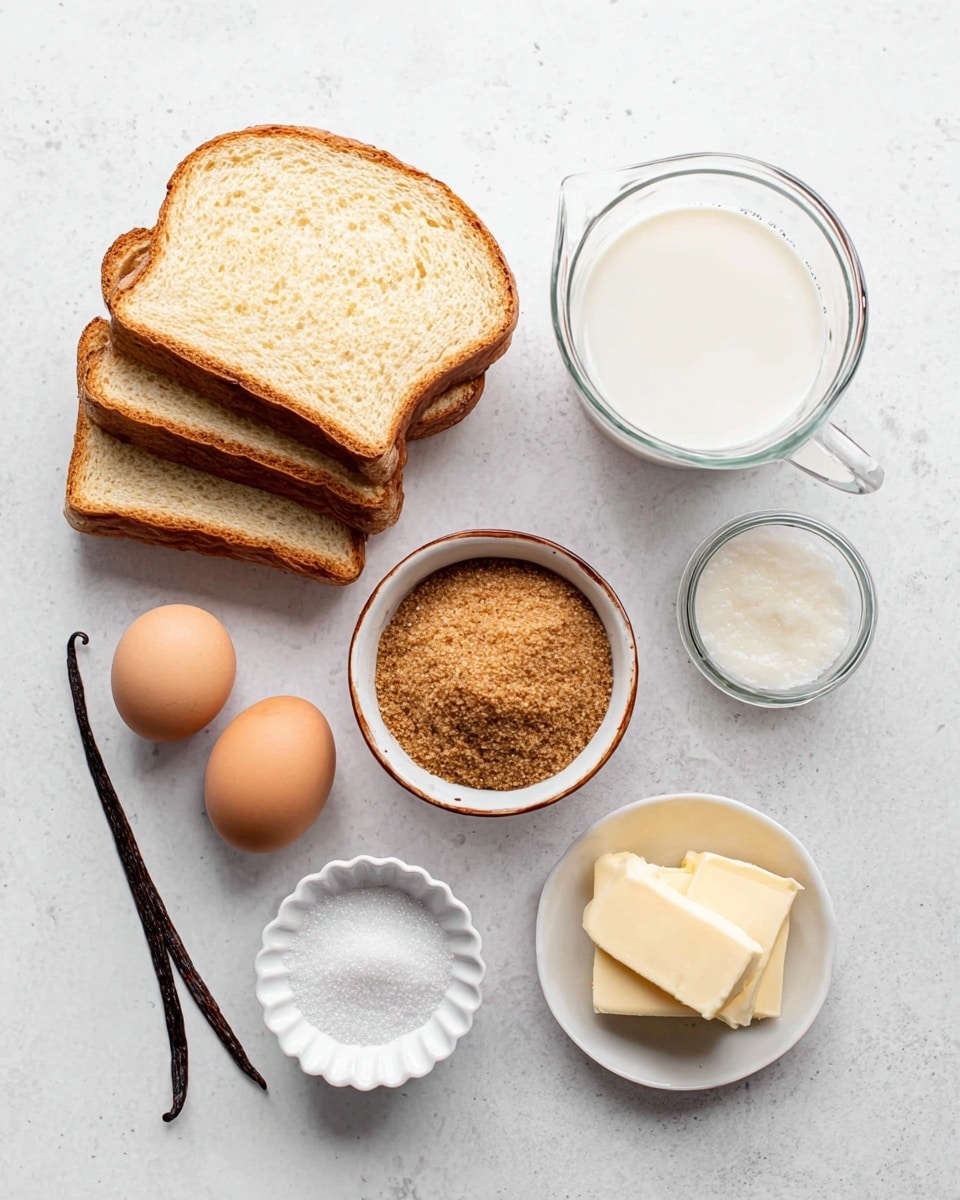The image shows four slices of light golden brown toasted white bread stacked slightly overlapping on a white marbled surface in the upper left. To the right of the bread are two brown eggs placed side by side. Below the eggs is a small white ceramic bowl with a brown rim filled with loose brown sugar. To the right of that is a small clear glass jar filled with milk, and above it is a small clear measuring cup filled with cream. In the lower right corner is a small white cup holding two pieces of light yellow butter. Near the center bottom is a small white fluted ramekin with a clear liquid inside, and to the left of that is a tiny white bowl filled with coarse white salt. A whole vanilla bean pod lies horizontally between the sugar bowl and the salt bowl. All items are arranged neatly on a white marbled background with soft, even lighting. Photo taken with an iphone --ar 4:5 --v 7