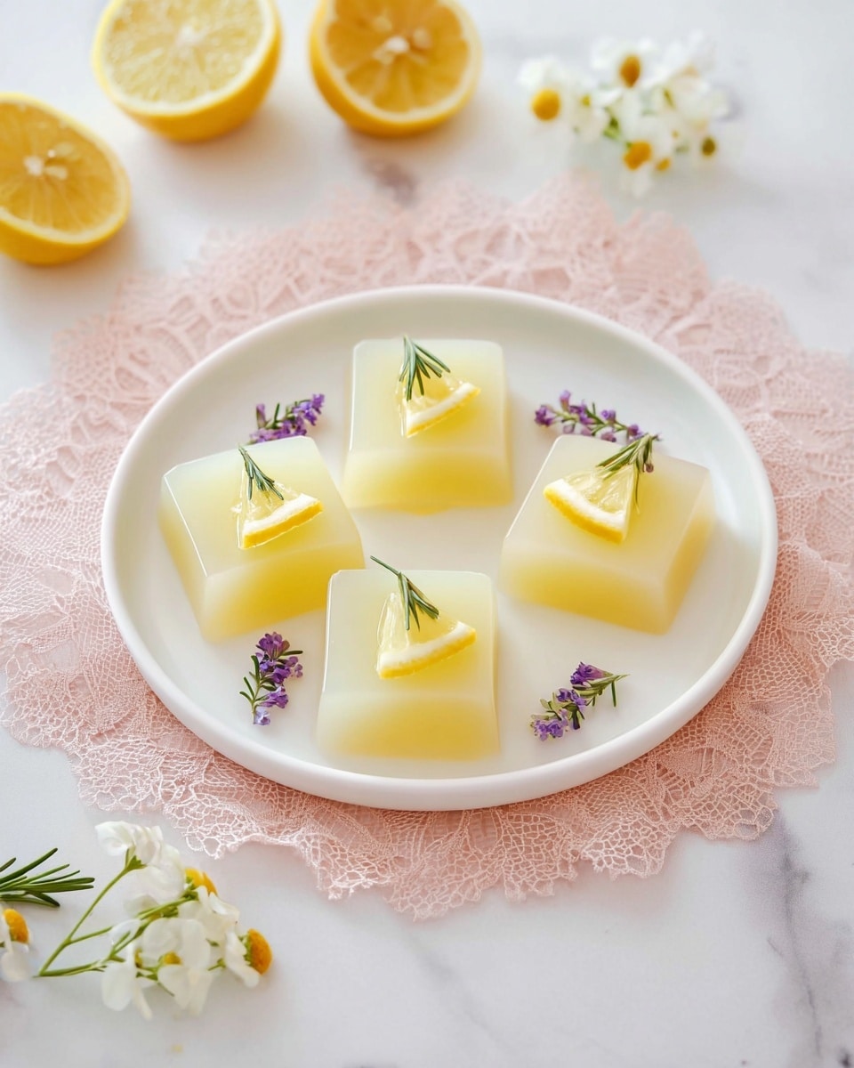 Four pale yellow square jelly pieces are placed on a white plate. Each square has a small triangular lemon slice on top, angled slightly. Small green rosemary sprigs with tiny purple flowers are scattered around the jelly pieces on the plate. The plate sits on a light pink lace doily, which is set on a white marbled surface. Around the plate, there are some lemon halves and small white flowers with yellow centers, adding a fresh look. The scene is bright and soft, showing a clean and delicate arrangement. photo taken with an iphone --ar 4:5 --v 7