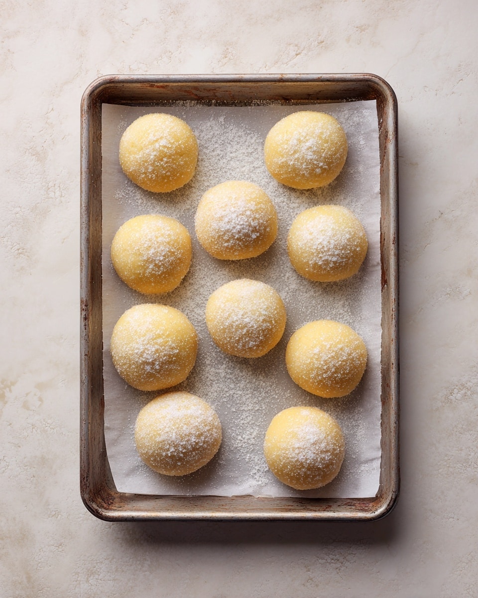 This image shows a metal baking tray lined with white parchment paper on a white marbled texture. On the tray, there are nine round dough balls evenly spaced. The dough balls are light yellow in color and covered with a layer of white sugar, giving them a slightly rough texture. The tray and dough balls are photographed from above with soft natural light, making the sugar coating sparkle gently. Photo taken with an iphone --ar 4:5 --v 7