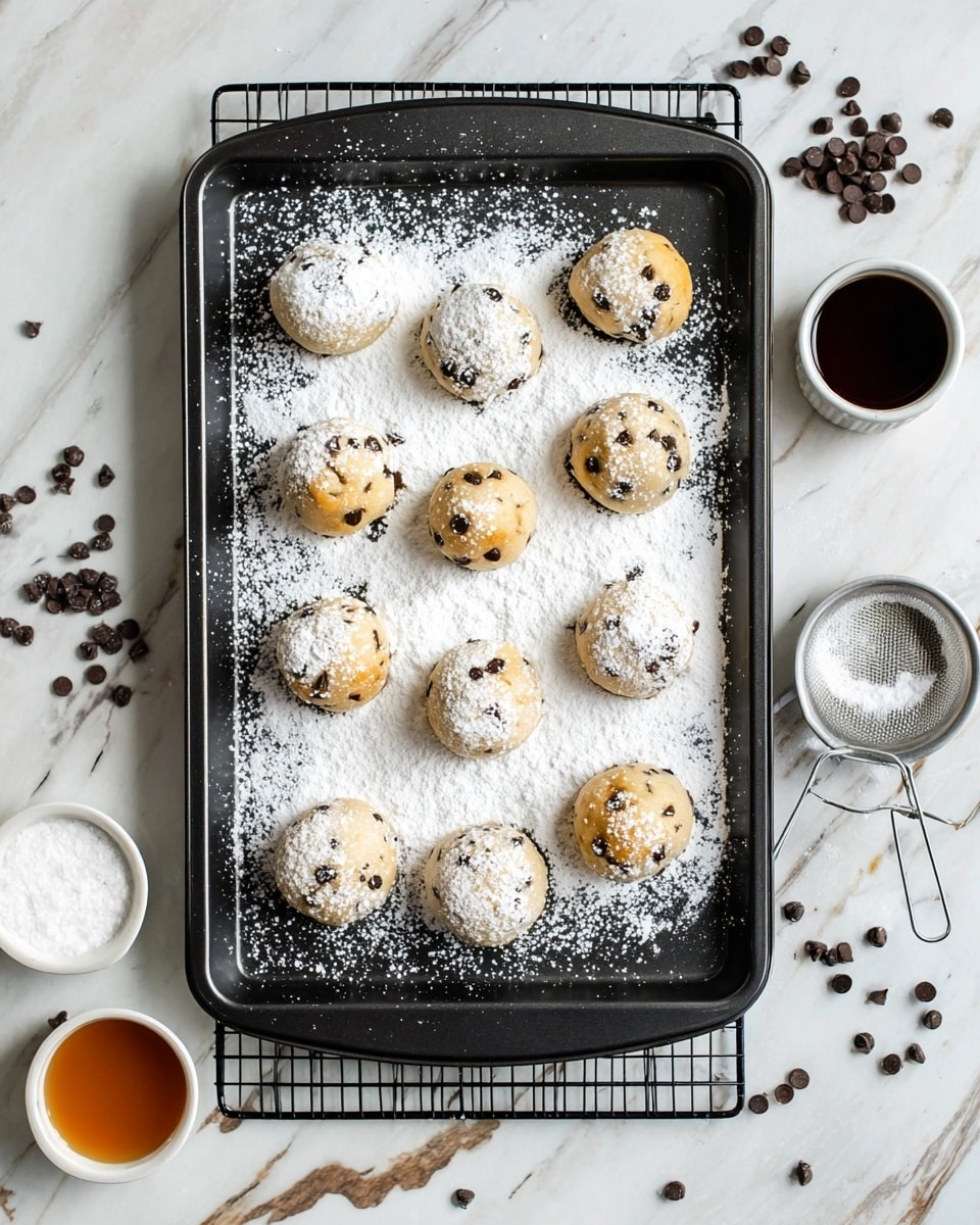 A black baking tray filled with white powdered sugar spread unevenly forms the base layer. On this, there are twelve small, round cookie dough balls with chocolate chips, some lightly dusted with powdered sugar and others showing golden brown spots from light baking, arranged in a loose grid. Around the tray, on a white marbled surface, are small white bowls containing dark brown syrup, white granulated sugar, and chocolate chips. A cooling rack with a black grid pattern is placed near the bottom right corner. photo taken with an iphone --ar 4:5 --v 7