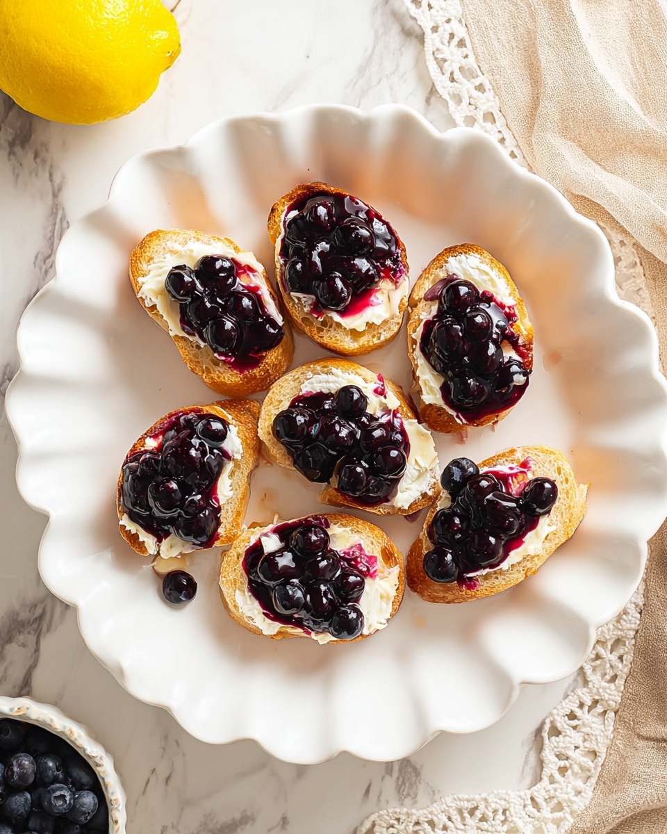 A white scalloped bowl holds seven slices of light golden bread arranged in a circle, each slice soaked in a pale yellow, creamy custard with specks of cinnamon and nutmeg. Underneath the bread, there are visible dark purple blueberry jam layers peeking out. The bowl sits on a white marbled surface beside a whole bright yellow lemon and a beige linen cloth with lace edges. The scene is bright and clean with soft natural light. Photo taken with an iphone --ar 4:5 --v 7
