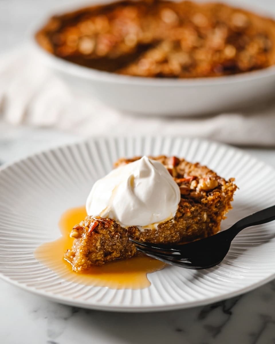 A single slice of brown pecan pie with a textured nutty filling sits on a white plate with ridged edges, topped with a thick dollop of white whipped cream and drizzled with light amber syrup that pools slightly around the slice. The pie crust is golden brown and crisp, visible around the edge of the slice, and a black fork rests on the plate next to the pie. Behind the slice, a whole pecan pie with a similarly textured top is slightly out of focus on a white plate, all set on a white marbled surface. photo taken with an iphone --ar 4:5 --v 7