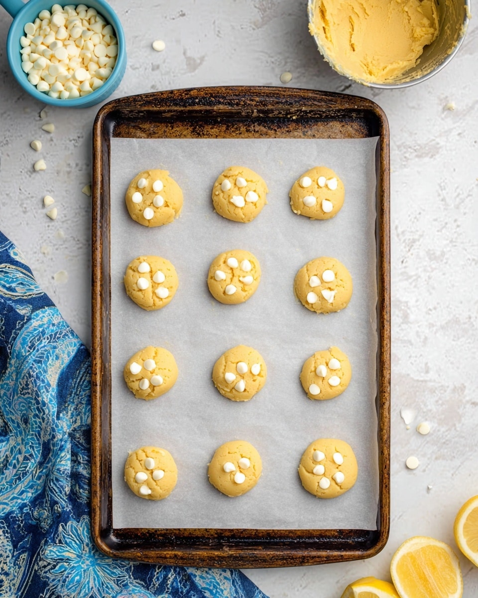 A baking tray filled with twelve round cookie dough balls arranged in a 3x4 grid on white parchment paper. Each dough ball is light yellow with a soft texture and topped with about five white chocolate chips scattered on top. The baking tray is rustic with darkened edges. On the left side, there is a light blue cup filled with white chocolate chips, some chips scattered beside it. On the top right, a metal bowl with extra yellow dough inside is partially visible. The tray sits on a white marbled surface with a blue patterned cloth draped on the bottom left and a few lemon slices partly visible on the bottom right. photo taken with an iphone --ar 4:5 --v 7