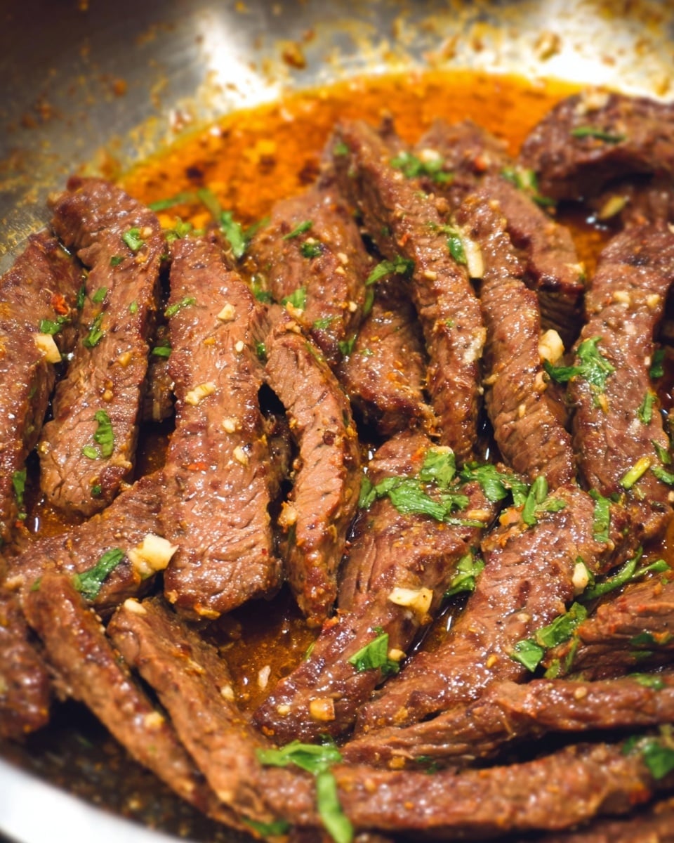 The image shows many brown strips of cooked meat covered with small pieces of garlic and small green herbs scattered on top. The meat sits in a shiny silver pan with a thin layer of orange-brown sauce covering the bottom. The meat strips have a slightly rough texture and look juicy. The image is close up, filling the frame with the meat and sauce. Photo taken with an iphone --ar 4:5 --v 7
