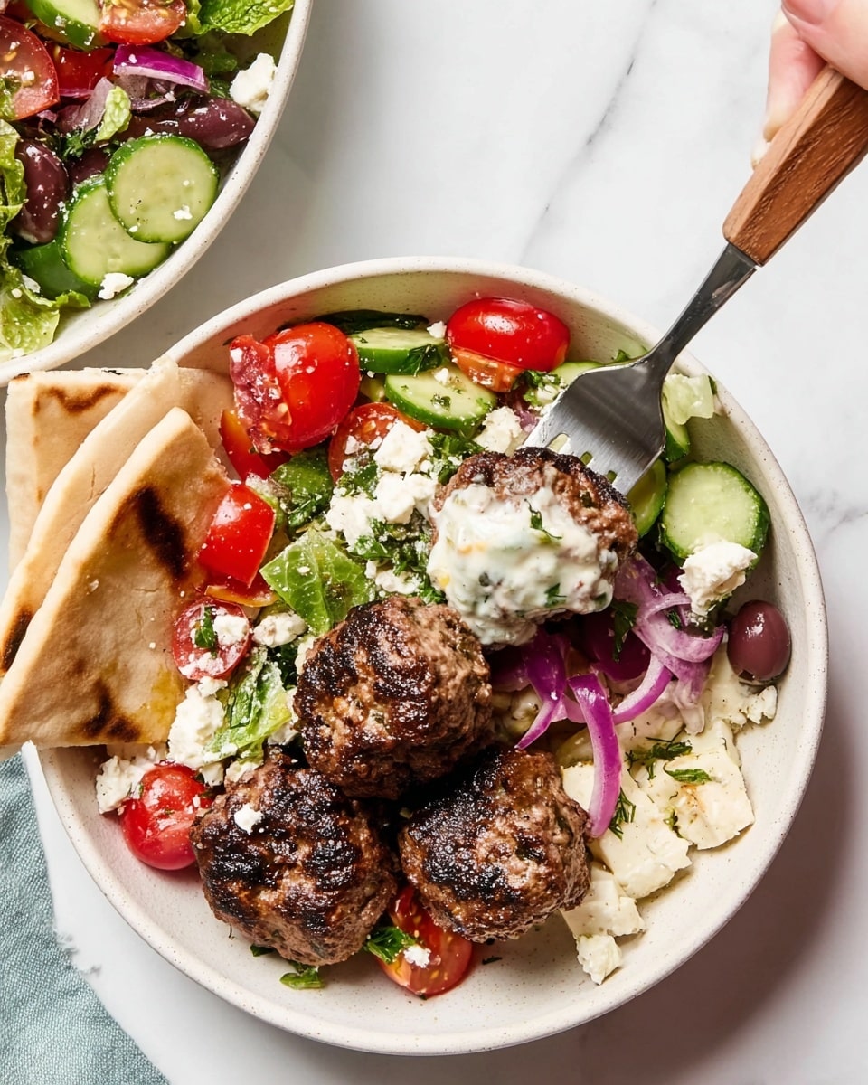 The image shows a white bowl with several layers: at the bottom, pieces of light beige pita bread form a base. On top, there are deep brown grilled meatballs arranged on one side. Beside the meatballs, there's a mix of colorful vegetables including bright red cherry tomatoes, slices of dark purple olives, light green cucumber slices, thin purple onion strips, and some sprinkled white crumbled cheese. A spoonful of creamy white sauce, speckled with green herbs, is holding a meatball with a woman's hand holding a fork showing it in the top right corner. The bowl sits on a white marbled surface. A partial view of another white bowl filled with a similar salad is visible in the upper left. photo taken with an iphone --ar 4:5 --v 7