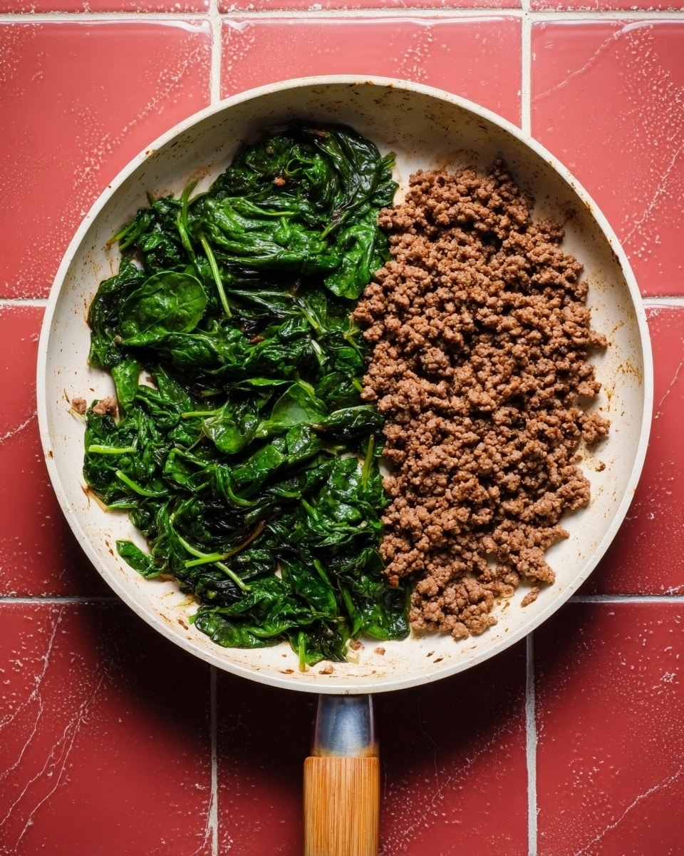 A white frying pan with a wooden handle holds two main layers inside: on the top right side, there is a large portion of cooked ground meat with a crumbly texture and a brown color. On the bottom left side, there is a thick layer of cooked spinach leaves, dark green and slightly wilted with some shine. The pan sits on a red tiled surface that is replaced by a white marbled texture. Photo taken with an iphone --ar 4:5 --v 7