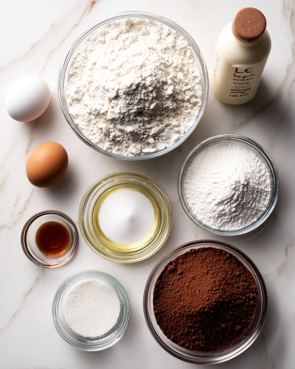 The image shows several glass bowls and one white egg arranged on a white marbled surface. At the top center, there is a large glass bowl filled with white flour. Below it to the right is a medium glass bowl with white sugar. To the left of the sugar bowl are three small glass bowls; the top has white baking powder and baking soda, the middle has salt, and below it is vanilla extract, which is an amber liquid in a small glass bowl. To the right and below the sugar is a medium glass bowl filled with cocoa powder, brown and finely textured. Below the vanilla is a small glass bowl with clear oil. Next to the bowls on the left, a beige bottle of Lifeway chocolate kefir lies diagonally. A white egg is placed near warm water in a small glass bowl at the top left side of the image. The whole setup is clean and neatly arranged on the white marbled surface. Photo taken with an iphone --ar 4:5 --v 7