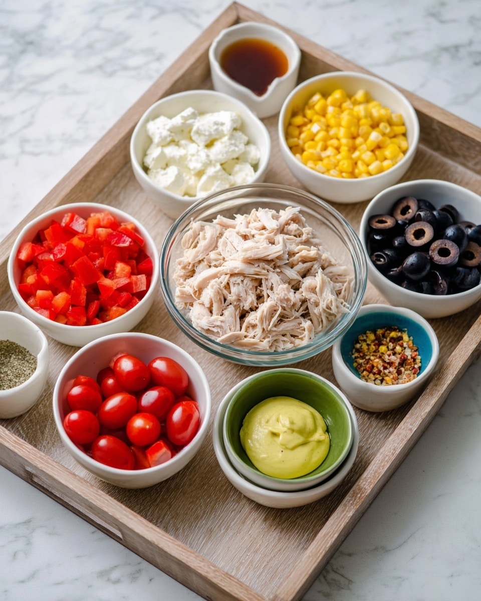 A wooden tray holds eight small bowls with different food ingredients. In the center is a clear glass bowl filled with shredded light beige chicken. Around it are seven white bowls, each with a different item: bright red diced bell peppers, creamy white cottage cheese, deep black sliced olives, light yellow mustard sauce in a tiny green bowl, golden yellow corn kernels, red halved cherry tomatoes, and small brown seasoning crystals in a tiny bowl. The tray is placed on a white marbled surface. photo taken with an iphone --ar 4:5 --v 7