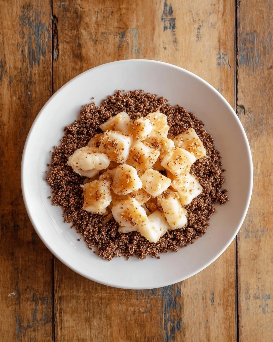A white round plate is filled with a layer of dark brown, crumb-like granules covering the entire base. On top of this base, there are multiple pieces of pale orange, creamy seafood chunks arranged in the center. The creamy chunks have a smooth and slightly glossy texture with some light specks of seasoning. The plate is placed on a wooden surface with a worn look. photo taken with an iphone --ar 4:5 --v 7