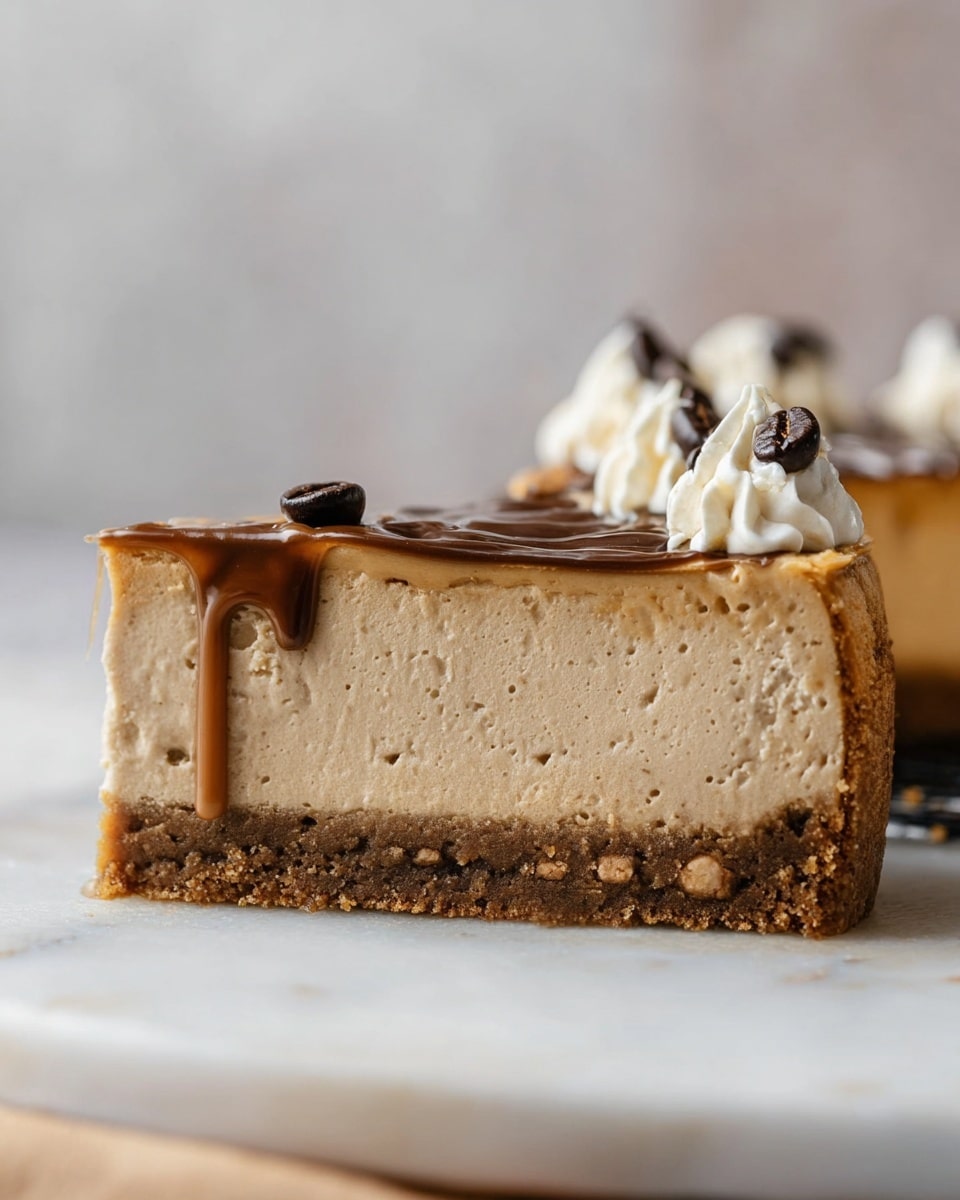 This image shows a slice of creamy coffee-flavored cheesecake with three clear layers. The bottom layer is a brown, crumbly cookie crust. The middle layer is a thick, smooth coffee cream with a light brown color. The top layer is a glossy, darker brown coffee glaze that slightly drips down the side. On top of the slice, there are small dollops of white whipped cream and a few dark roasted coffee beans as decoration. The cheesecake is on a white marbled surface with a blurred light background. photo taken with an iphone --ar 4:5 --v 7