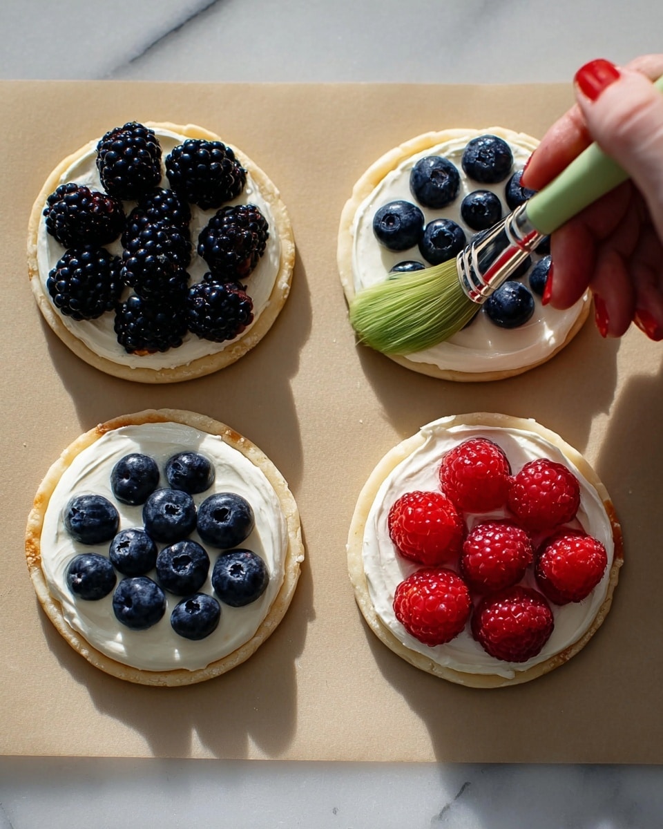 The image shows seven clear glass bowls and two rolls of puff pastry on a white marbled surface. Each bowl contains a different ingredient: one bowl is filled with bright red strawberries with green tops, another with red raspberries, a third with dark blue blueberries, and a fourth with creamy white cream cheese. One bowl holds a single raw egg with a bright yellow yolk, and another has white granulated sugar. Two rolls of pale yellow puff pastry are rolled and wrapped in white parchment paper and placed on the right side. The overall scene is clean and organized, with each ingredient clearly visible and separated. photo taken with an iphone --ar 4:5 --v 7