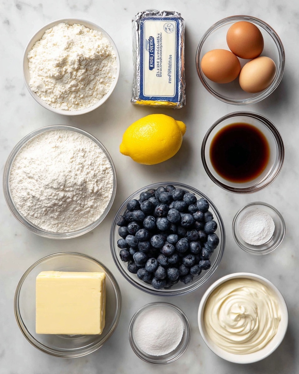 The image shows various baking ingredients neatly arranged on a white marbled surface. There is a large glass bowl filled with white all-purpose flour on the lower left, next to a medium glass bowl of fresh blueberries in the center. Above the blueberries is a whole bright yellow lemon. To the right of the lemon, a block of cream cheese wrapped in silver foil lies beside a small glass bowl with white powdered sugar. A medium glass bowl on the top right holds three brown eggs. Near the center top, a small glass bowl contains dark brown vanilla extract, and another small bowl of white salt is just below it. Below the salt is a tiny bowl of baking powder, and to its left is a tiny bowl of baking soda. At the bottom right, a medium glass bowl with smooth white sour cream is visible. A rectangular block of unsalted butter in white and blue packaging is placed at the top left, with a large glass bowl of white sugar partly visible next to it. All items are clearly labeled with black and white text. Photo taken with an iphone --ar 4:5 --v 7
