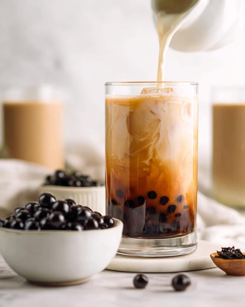 A tall clear glass filled with three layers: a light brown layer at the bottom with black tapioca pearls, a thick orange tea layer in the middle, and a thin lighter orange frothy layer on top, with a white straw poking out; in the foreground, a white bowl holds shiny black tapioca pearls, behind it, a blurred second glass with the same drink, a small white bowl of dark loose tea leaves on a wooden board, and a clear bottle of pale milk, all set on a white marbled surface; the scene is softly lit with a bright, clean background. photo taken with an iphone --ar 4:5 --v 7