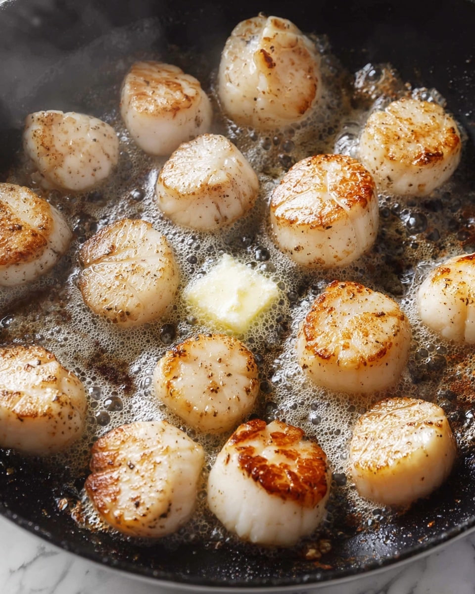 A close-up view of a black pan with fifteen scallops cooking in a single layer, each scallop slightly browned with a golden crust on one side, showing a soft white to light cream color on the other side. In the center of the pan, a small piece of melting butter is bubbling, surrounded by a frothy mixture of butter and cooking juices. The surface of the pan shows steam rising and some browned bits sticking slightly to the bottom. The background is a white marbled texture. photo taken with an iphone --ar 4:5 --v 7