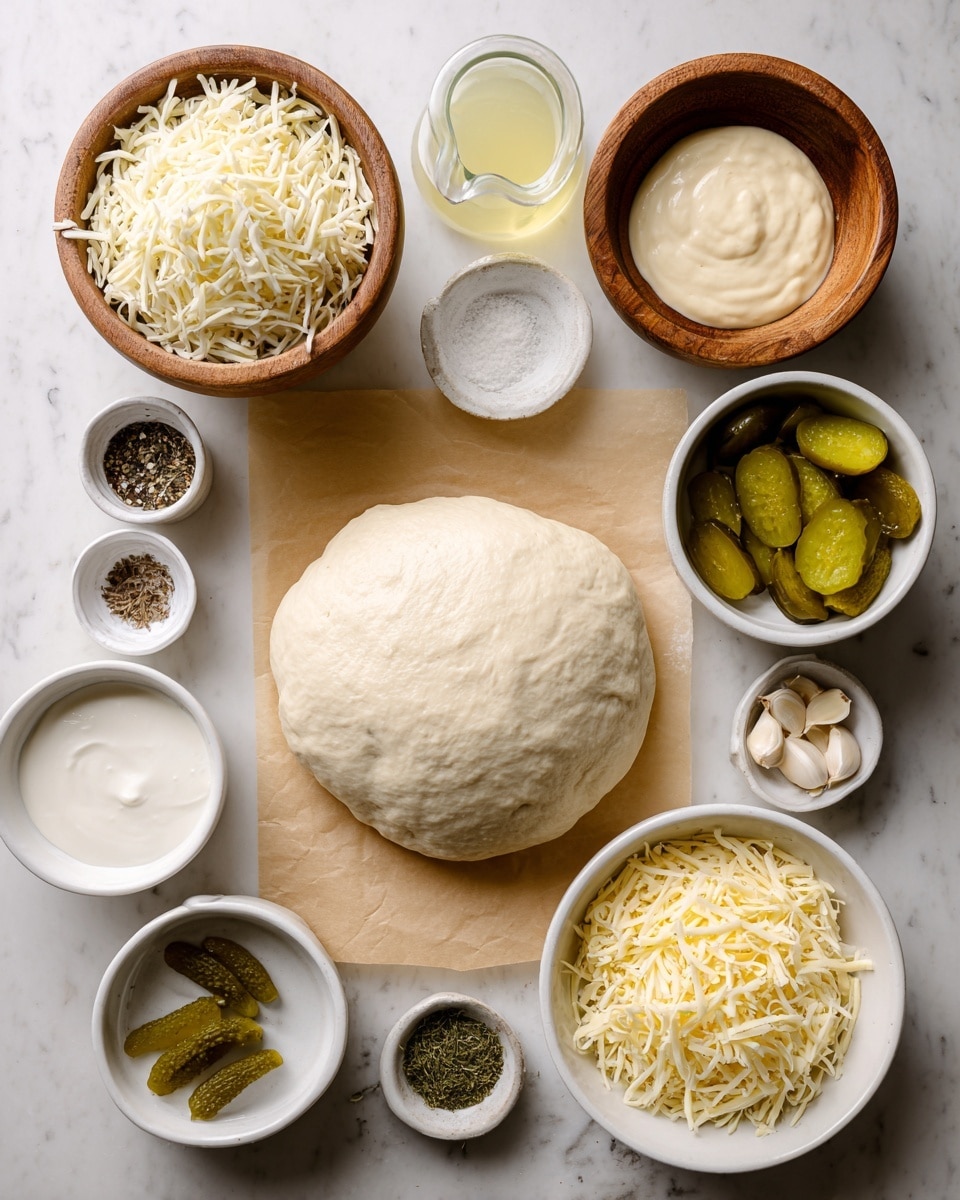 The image shows an overhead view of various small white bowls and dishes arranged around a central ball of light beige pizza dough resting on parchment paper. At the top center is a round wooden bowl filled with shredded white mozzarella cheese. To the right, another wooden bowl contains a smooth, light cream-colored mayo. Below the mayo, a small white bowl holds a bit of white buttermilk. Next to it is a small clear pitcher with a little pale yellow lemon juice. At the bottom right, a white bowl is filled with grated pale yellow parmesan cheese. Underneath that, a white bowl contains bright green dill pickles. Just to the left, some dried green dill is in a white bowl. Above that, a small white dish holds a mix of black pepper and white salt. Beside that is a white dish with garlic cloves and some finely grated garlic. At the bottom left corner, a small white bowl has white sour cream. The entire setting is placed on a white marbled surface. Photo taken with an iphone --ar 4:5 --v 7