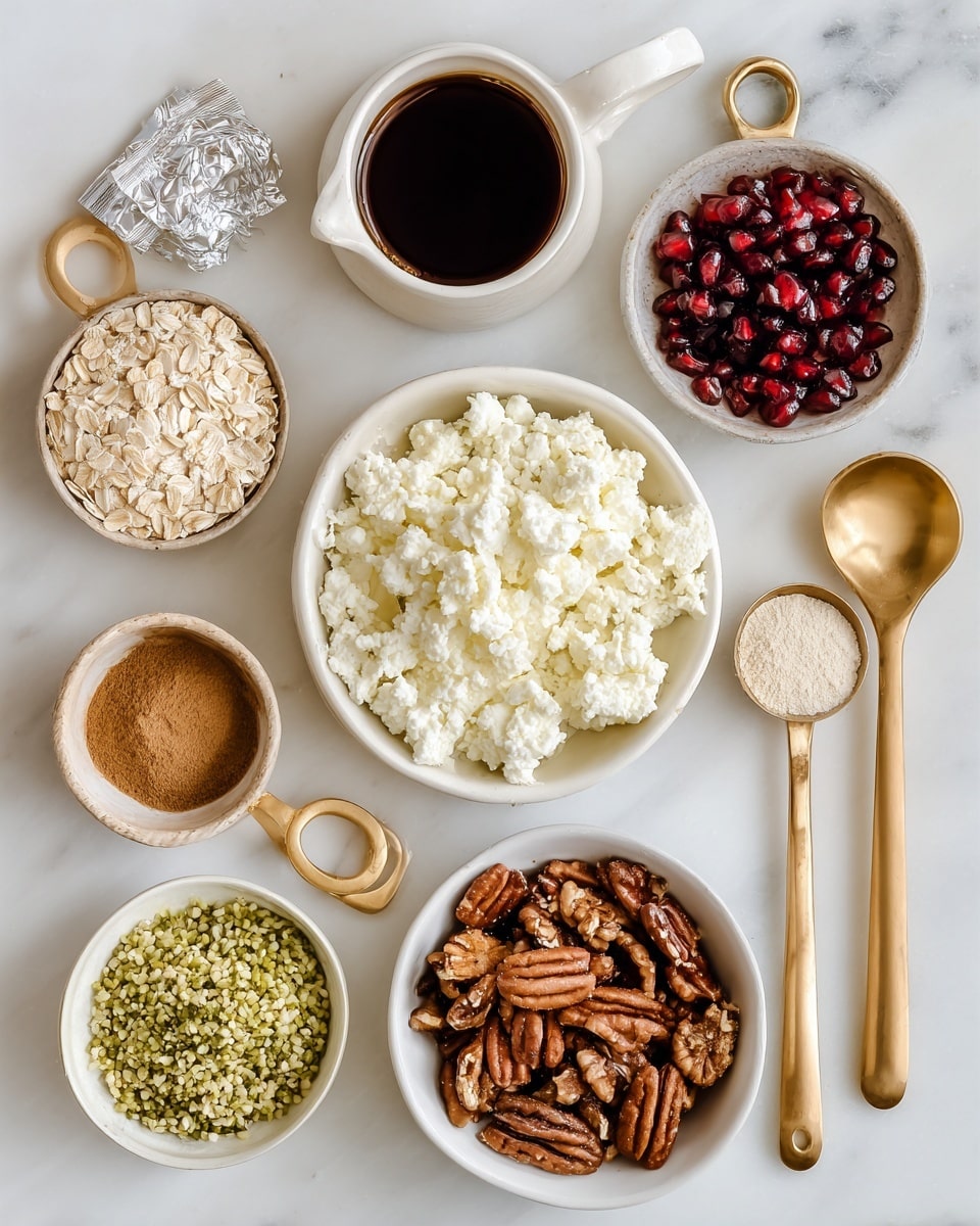 The image shows a flat lay of various ingredients arranged neatly on a white marbled surface. In the center, there is a white bowl filled with crumbly white cottage cheese. Above it, a small white cup holds dark amber maple syrup. To the right, a golden measuring spoon contains beige almond flour, and below that, another golden measuring spoon holds light brown cinnamon powder. On the left side, there is a golden measuring cup filled with light beige rolled oats, and next to it is a small white bowl with greenish hemp hearts. A small silver wrapped pat of butter is beside the cottage cheese. Above the butter, a white bowl contains dark brown vanilla extract, and above the cottage cheese is a golden measuring cup with shiny dark red pomegranate arils. On the lower right side of the image, a white bowl is filled with chopped, dark brown pecans. All items are spread out evenly, creating a clean and organized view of the ingredients photo taken with an iphone --ar 4:5 --v 7
