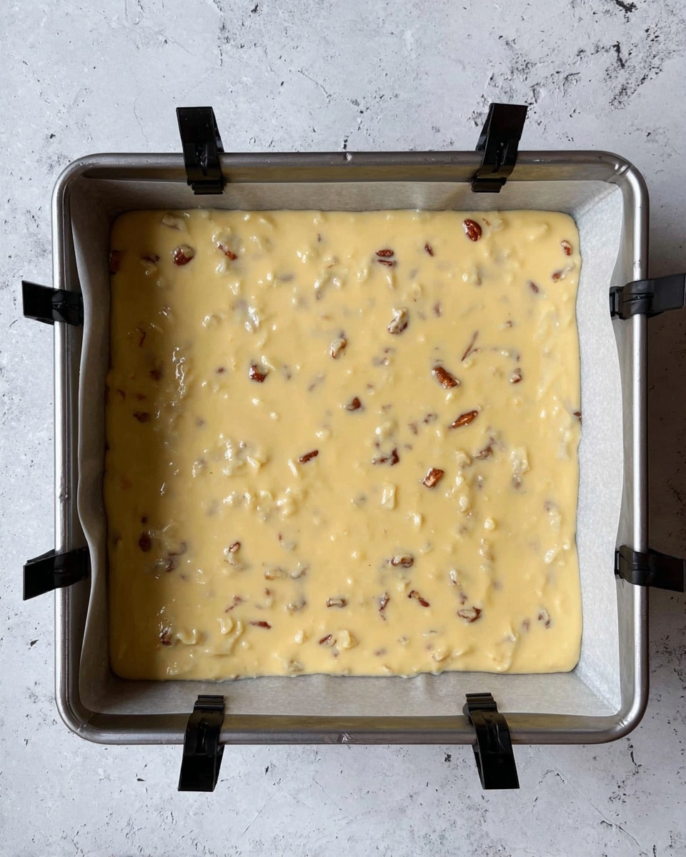 A square metal baking pan lined with parchment paper held in place by four black clips contains a thick, pale yellow batter with small chunks of nuts or fruit mixed throughout, spread evenly to the edges. The pan is placed on a surface with a white marbled texture. Photo taken with an iphone --ar 4:5 --v 7