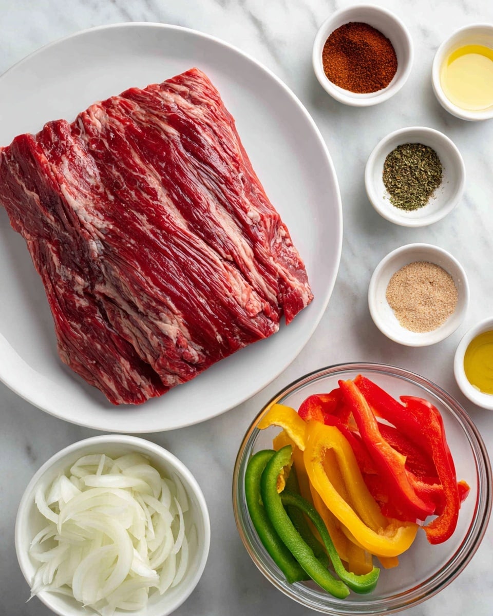The image shows a large piece of raw skirt steak with red and light marbling placed on a white plate in the center. Above it to the right are two small white bowls, one with dark red chipotle powder and light green oregano, the other with white salt and black pepper. To the lower right, a clear glass bowl holds red, green, and yellow bell pepper strips. Nearby are two small white bowls with golden olive oil and pale lime juice. To the left, there is a clear bowl filled with sliced white onions. Below the onions are three small white bowls containing reddish chili powder with brownish cumin, light beige garlic powder, and white onion powder. The whole setup is on a white marbled surface. photo taken with an iphone --ar 4:5 --v 7