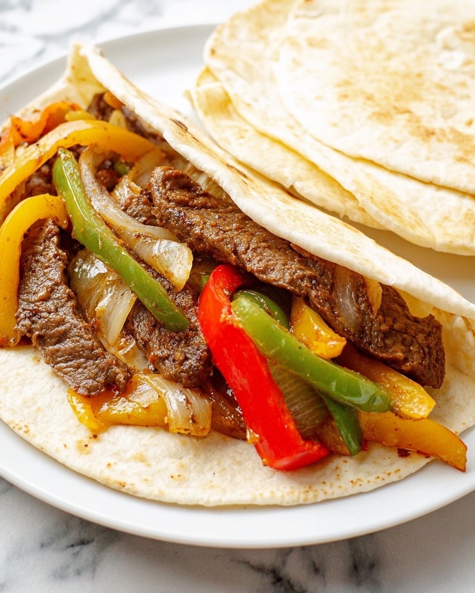 A soft white tortilla folded and filled with three thick strips of brown seasoned beef on top of sautéed yellow and green bell peppers along with translucent cooked onions, with a piece of red bell pepper showing near the edges, all served on a white plate over a white marbled surface. photo taken with an iphone --ar 4:5 --v 7