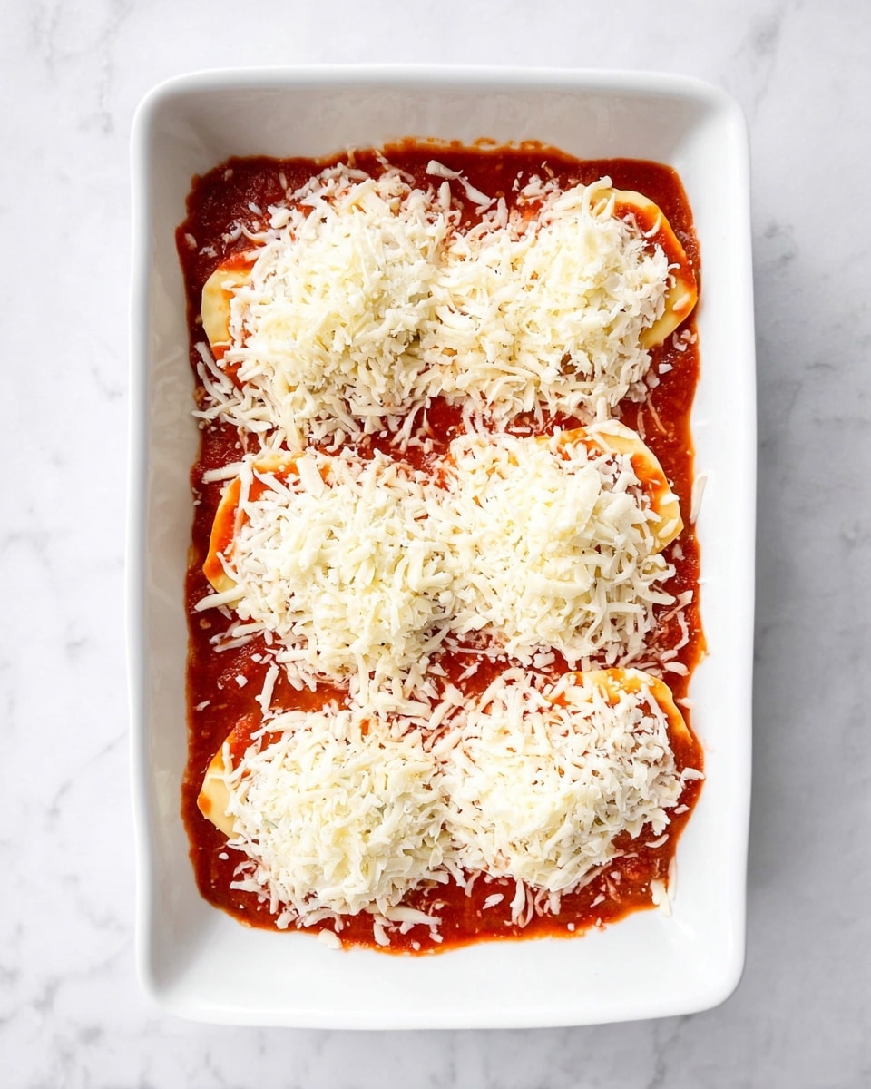 A white rectangular dish with three visible layers of evenly spaced ravioli covered in bright red tomato sauce, each ravioli slightly rounded and soft textured. A generous layer of shredded white mozzarella cheese is spread thickly and evenly over the top, creating a soft, stringy texture. The dish sits on a white marbled surface. photo taken with an iphone --ar 4:5 --v 7