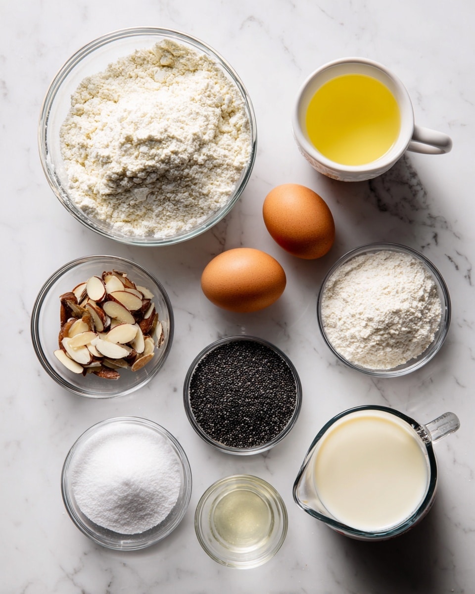 The image shows a collection of baking ingredients arranged neatly on a white marbled surface. In the upper left, there is a clear glass bowl filled with a white powdery mixture labeled