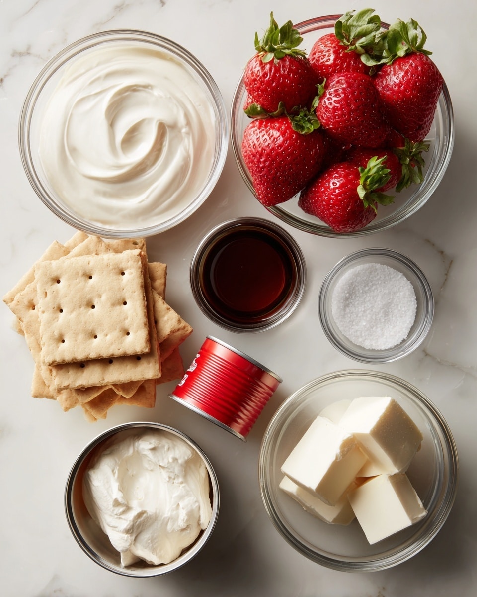Top view of seven small clear glass bowls and one can placed on a white marbled surface. The top left bowl is filled with smooth white heavy cream. To its right, a bowl with bright red strawberries with green leaves is placed. Below the cream, there is a bowl stacked with square beige graham crackers with small holes. Next to the crackers, on the right, is a bowl containing three pieces of soft white cream cheese. At the bottom center, there is a red and white can of sweetened condensed milk. To the left of the can, a small bowl holds dark brown vanilla liquid. To the right of the can, a small clear bowl contains light grey salt. Each item is labeled with bold black text on white background above or below the containers. photo taken with an iphone --ar 4:5 --v 7