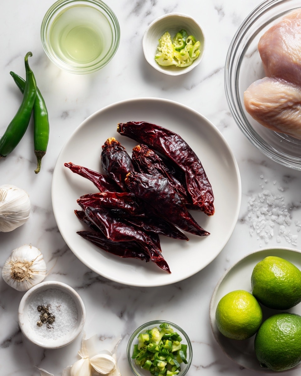 The image shows a white plate with two large dark red dried chili peppers placed in the center. Around the plate, there are various ingredients arranged on a white marbled surface: a clear glass bowl with two raw chicken pieces at the top right, three whole green limes scattered nearby, a small clear glass bowl with a light green liquid near the limes, a whole green chili placed on the left side, a small white dish with chopped green peppers above the chili, a tiny clear glass bowl with minced garlic below the green peppers, a small clear bowl of salt beneath the garlic, and a whole garlic bulb at the lower left corner. The scene has soft lighting and an organized look. Photo taken with an iphone --ar 4:5 --v 7