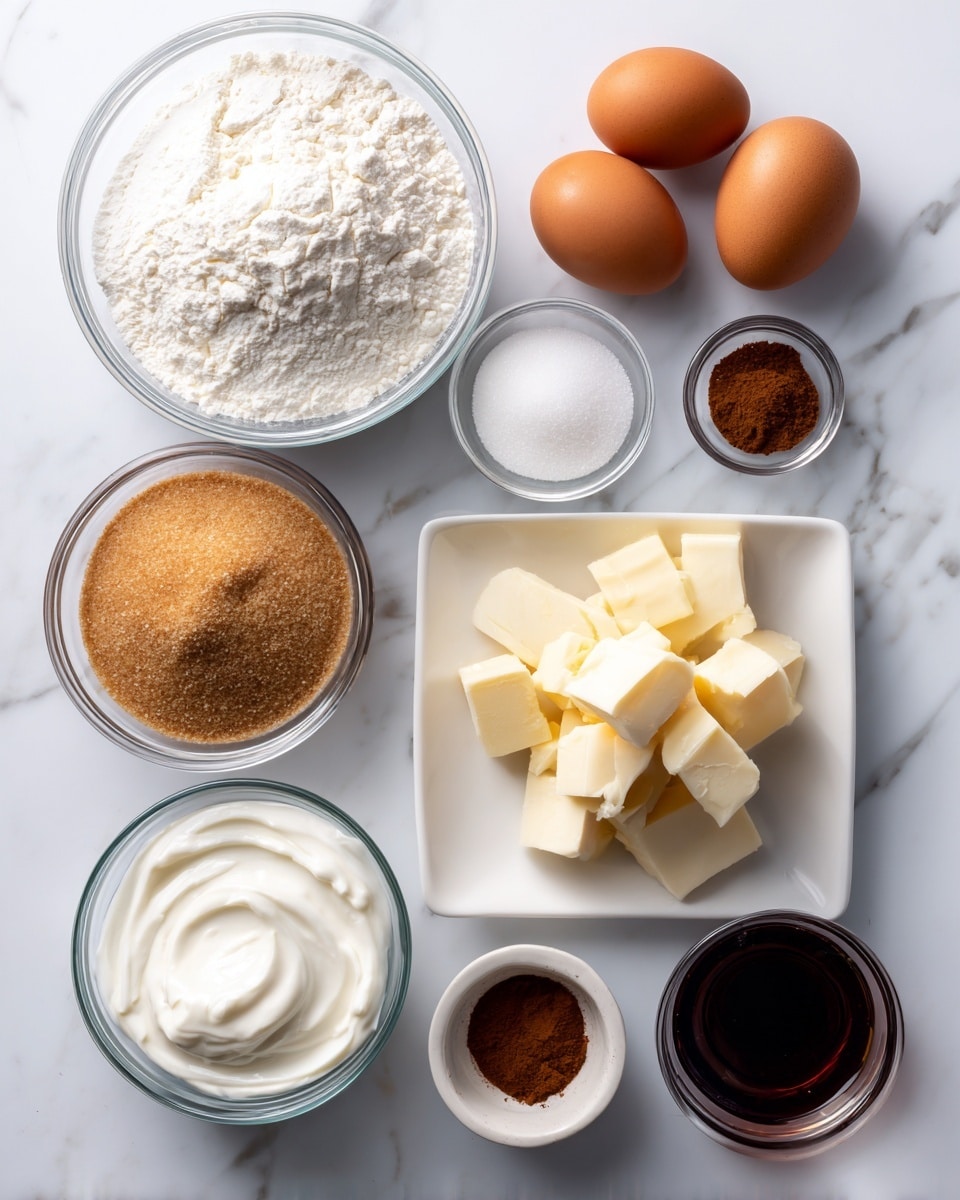 A flat lay of various clear glass bowls and a white square plate arranged on a white marbled surface, each containing a different baking ingredient. The largest bowl at the top left holds a white powder mix labeled flour, baking soda, baking powder, and salt. To the right, two brown eggs sit side by side. Below that, a bowl of thick white sour cream is shown. On the left side, a bowl of light brown sugar and a larger bowl of white granulated sugar are placed, both showing their distinct granulated textures. In the center, on a white square plate, sits several chunks of yellow unsalted butter. Below and slightly to the right, a small bowl of dark cinnamon powder and another small bowl of milky white buttermilk are present. Finally, a tiny glass bowl filled with dark amber vanilla extract completes the set. Everything is neatly arranged and clearly labeled. photo taken with an iphone --ar 4:5 --v 7