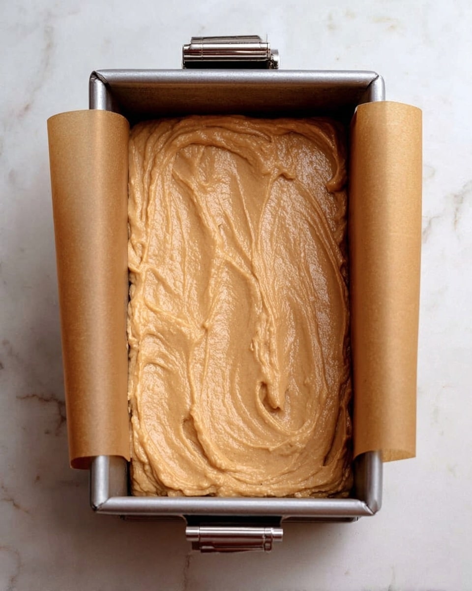 A rectangular metal baking pan lined with brown parchment paper shows a thick, smooth, light brown batter spread evenly inside. The batter has soft, curved swirls on the surface, creating a textured look. Two silver clips hold the parchment paper sides in place on each long edge of the pan. The pan sits on a white marbled surface. Photo taken with an iphone --ar 4:5 --v 7