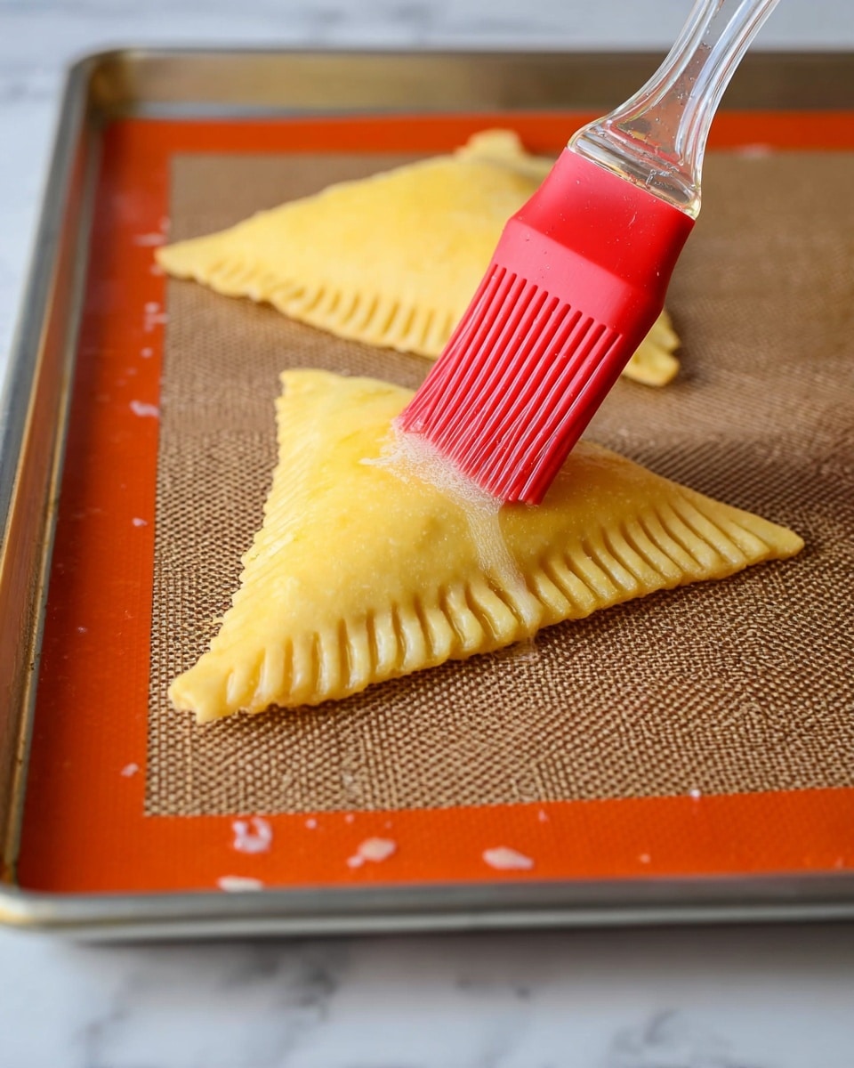 The image shows two triangle-shaped dough pastries on a baking tray lined with a textured brown silicone mat with an orange border. Each pastry has a golden-yellow color with clear edges pressed down by fork marks to seal them. The top layer of dough has a smooth, shiny finish because a red silicone brush with a clear handle is gently spreading an egg wash over the nearest pastry. The tray has a metal rim, and a white marbled surface is barely visible around the edges. photo taken with an iphone --ar 4:5 --v 7
