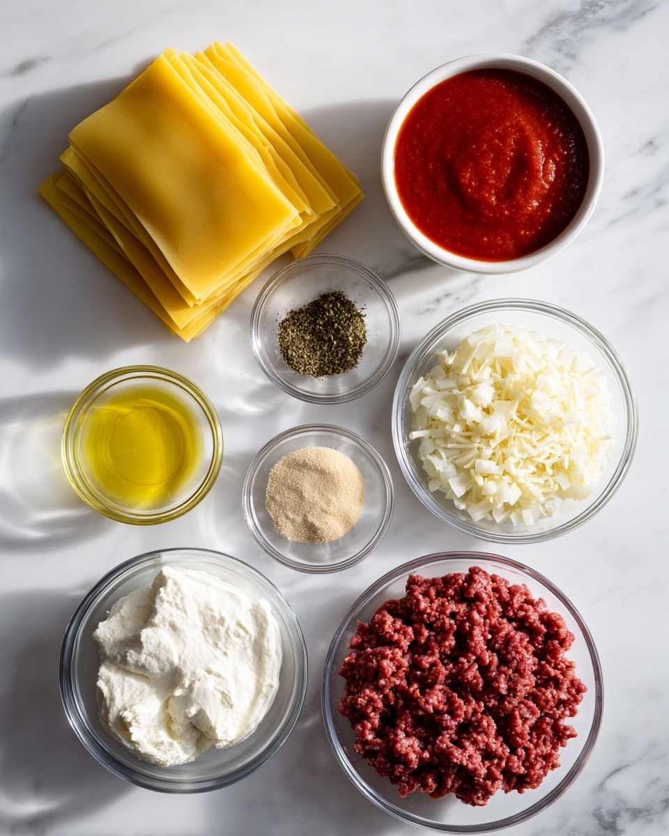 The image shows several clear glass bowls and plates on a white marbled surface, each holding different lasagna ingredients. At the top left are seven yellow lasagna noodles stacked together. To the right is a white bowl filled with red marinara sauce. Below the noodles, there is a small bowl with light yellow oil and next to it another small bowl containing dark green dried oregano. In the center is a medium bowl filled with light beige grated parmesan cheese, and below it a bowl with smooth, white ricotta cheese. To the right of the parmesan, there is a small bowl containing light brown garlic powder and just above it another small bowl with some crushed red pepper flakes. On the far right are two bigger clear bowls, one filled with finely chopped white onions and the other with raw ground beef that is deep red in color. All bowls and plates are white or clear glass on the white marbled surface. Photo taken with an iphone --ar 4:5 --v 7