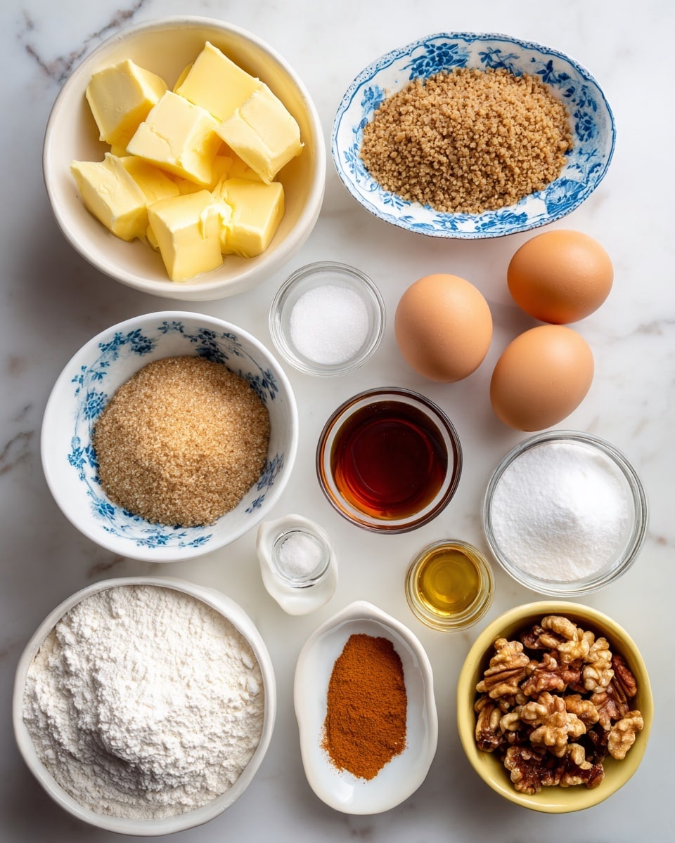 The image shows a top-down view of eleven small bowls and containers with different baking ingredients on a white marbled surface. Starting from the top left, a white bowl contains several thick yellow chunks of butter. To its right, a small clear glass bowl holds light brown coffee granules with a slightly rough texture. Next to it, a white bowl with a blue floral design is filled with three brown eggs. Below the butter bowl is a white bowl filled with coarse brown sugar, showing its grainy texture. Towards the center, a tiny clear bowl with a small amount of white salt sits above a small oval dish with bright orange cinnamon powder. To the right of the salt is a darker bowl filled with fine, fluffy white powdered sugar. Below that, a tiny clear bowl holds amber-colored vanilla extract. At the bottom left is a white bowl full of fine white all-purpose flour with a smooth, powdery texture. Near it, a small yellow bowl contains a pile of halved walnuts showing their crinkled, rough surface. Lastly, a very small clear bowl on the bottom right contains white baking powder. Each ingredient is spaced evenly, and the photo is bright and clear. Photo taken with an iphone --ar 4:5 --v 7