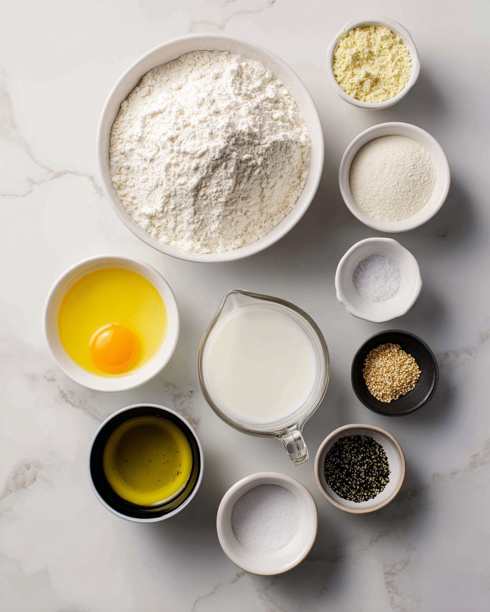 A top-down view of different ingredients arranged on a white marbled surface, including a big white bowl filled with white all-purpose flour on the left, a clear glass measuring cup with white milk below it, and a small white bowl with a mixture of egg yolk and milk near the bottom left. On the right side, there are smaller bowls in a scattered layout: one with instant yeast at the top, two white bowls with white salt and sugar, a black bowl with green olive oil, and two small white bowls with black sesame seeds and white sesame seeds at the bottom. Each ingredient is clearly visible with distinct textures and colors, set against the white marbled background photo taken with an iphone --ar 4:5 --v 7