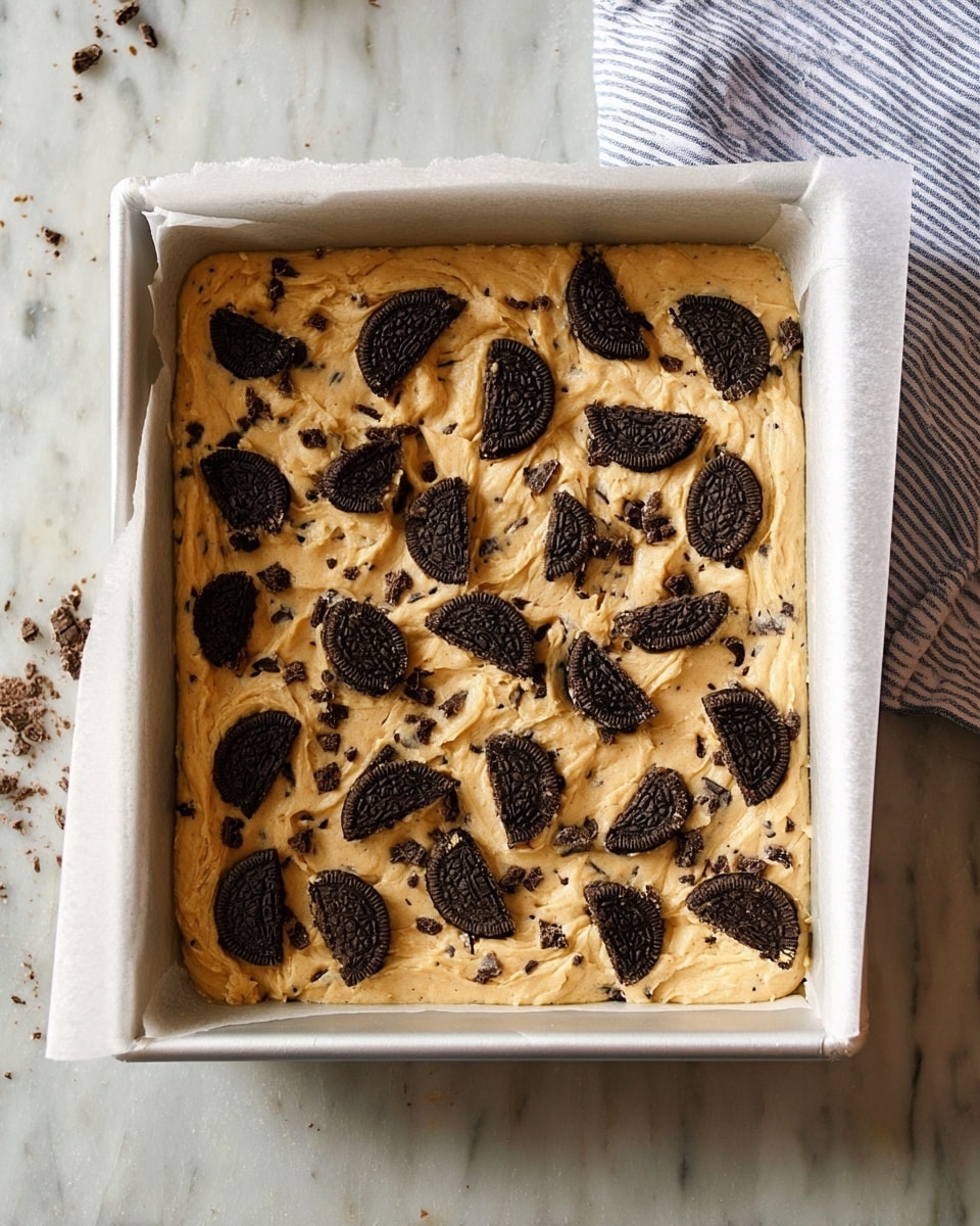 A square baking pan lined with white parchment paper holds a thick layer of light tan cookie dough mixed with small dark cookie pieces throughout. On top, larger dark cookie halves are scattered evenly across the dough surface, creating a rough textured pattern. The pan sits on a white marbled surface next to a striped cloth napkin. Photo taken with an iphone --ar 4:5 --v 7