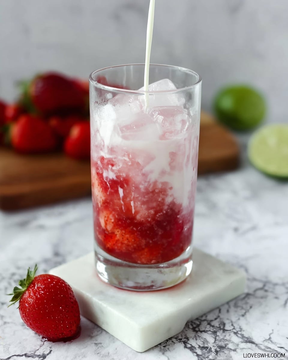 A clear tall glass is filled in three layers: at the bottom there is a chunky red layer of smashed strawberries, the middle layer is light pink where the strawberries mix with a white liquid, topped with clear ice cubes. A white liquid is being poured from above, blending softly with the pink layer, creating swirls. The glass sits on two white marble square coasters, with a fresh red strawberry to the left side in front. In the background, slightly blurred, there is a white marbled surface with ripe red strawberries and a halved lime on a wooden board. photo taken with an iphone --ar 4:5 --v 7