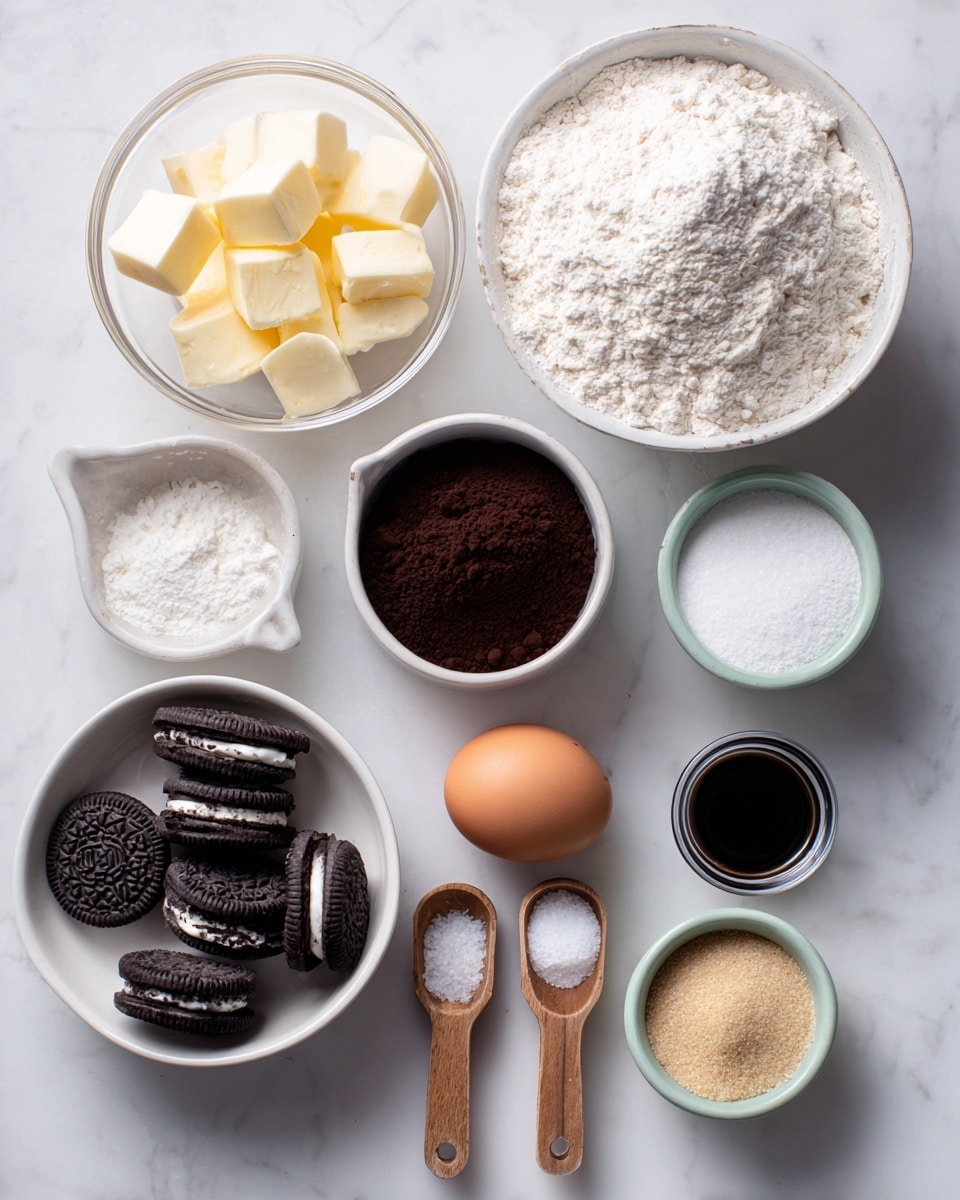 The image shows a flat lay of baking ingredients on a white marbled surface. There is a white bowl filled with white flour at the top center. Below it, a small white bowl contains dark brown cocoa powder. To the left, a clear glass bowl holds pale yellow butter chunks. Below the cocoa powder, a white bowl with black and white Oreo cookies stands out. Next to the Oreo bowl, a whole brown egg lies on the surface. To the right side, a small container of dark food coloring and a white bowl filled with white sugar sit close together. Below them, a pale green bowl holds light brown sugar. In the bottom center, there are three wooden measuring spoons of different sizes labeled vanilla, baking soda, and salt arranged neatly. The background is clean and bright. Photo taken with an iphone --ar 4:5 --v 7