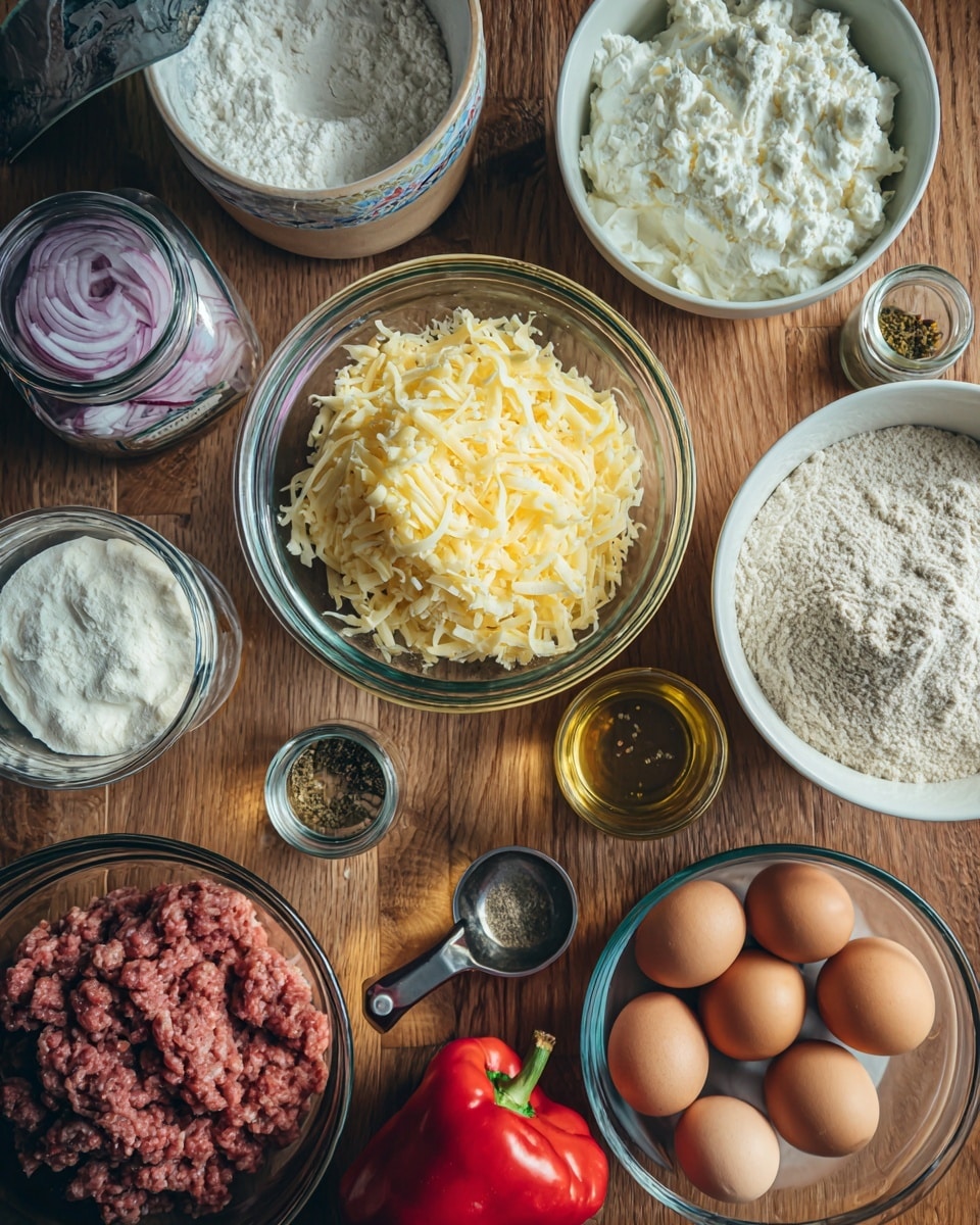 The image shows a wooden table with different ingredients for cooking, each in clear glass or white bowls. In the top center, there is a white bowl filled with shredded yellow and white cheese. To the right, a white bowl holds a mix of all-purpose and almond flour. Below that, another white bowl contains five brown eggs. Next to the eggs, a brass measuring cup contains minced garlic, and at the bottom center, a whole red bell pepper sits alone. In the middle of the table, a clear glass bowl holds ground breakfast sausage. Above it, a plastic container of cottage cheese with a purple lid sits. To the left, a small glass jar holds baking powder, and a small glass jar with seasoning sits above it. Beside those, a small glass contains avocado oil, and to the far bottom left, a brass measuring cup holds chopped red onion. The table surface is a natural wood texture. photo taken with an iphone --ar 4:5 --v 7