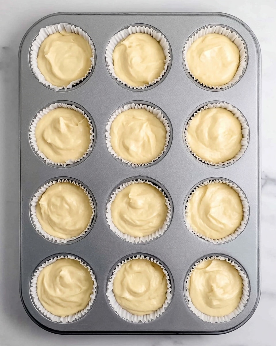 A grey metal muffin tray holds 12 round cavities, each filled with a smooth, creamy light yellow batter. Each cavity has a white paper liner that slightly crinkles around the edges. The batter is evenly spread but has soft swirls and small peaks on top, creating a textured surface that looks soft and thick. The tray sits on a white marbled surface, adding a clean and bright background to the scene. photo taken with an iphone --ar 4:5 --v 7