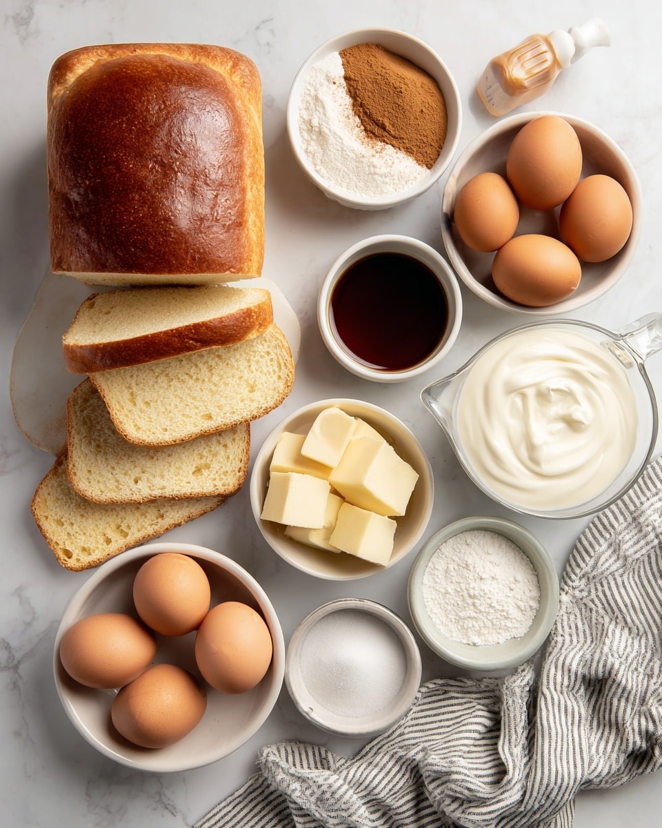 A sliced loaf of golden brown bread is placed on the left side of the image. Around it, there are several white bowls arranged on a white marbled surface, each filled with different ingredients: one bowl of light brown cinnamon powder mixed with white salt, a small bowl of dark vanilla extract, a bowl with brown sugar, a bowl with pale yellow butter, a bowl filled with white flour, a bowl holding several brown eggs, another bowl with more brown sugar, a small glass jar of white heavy cream, and a glass measuring cup of whole milk. A striped cloth is partly visible on the bottom right, adding a soft texture to the scene. The photo taken with an iphone --ar 4:5 --v 7