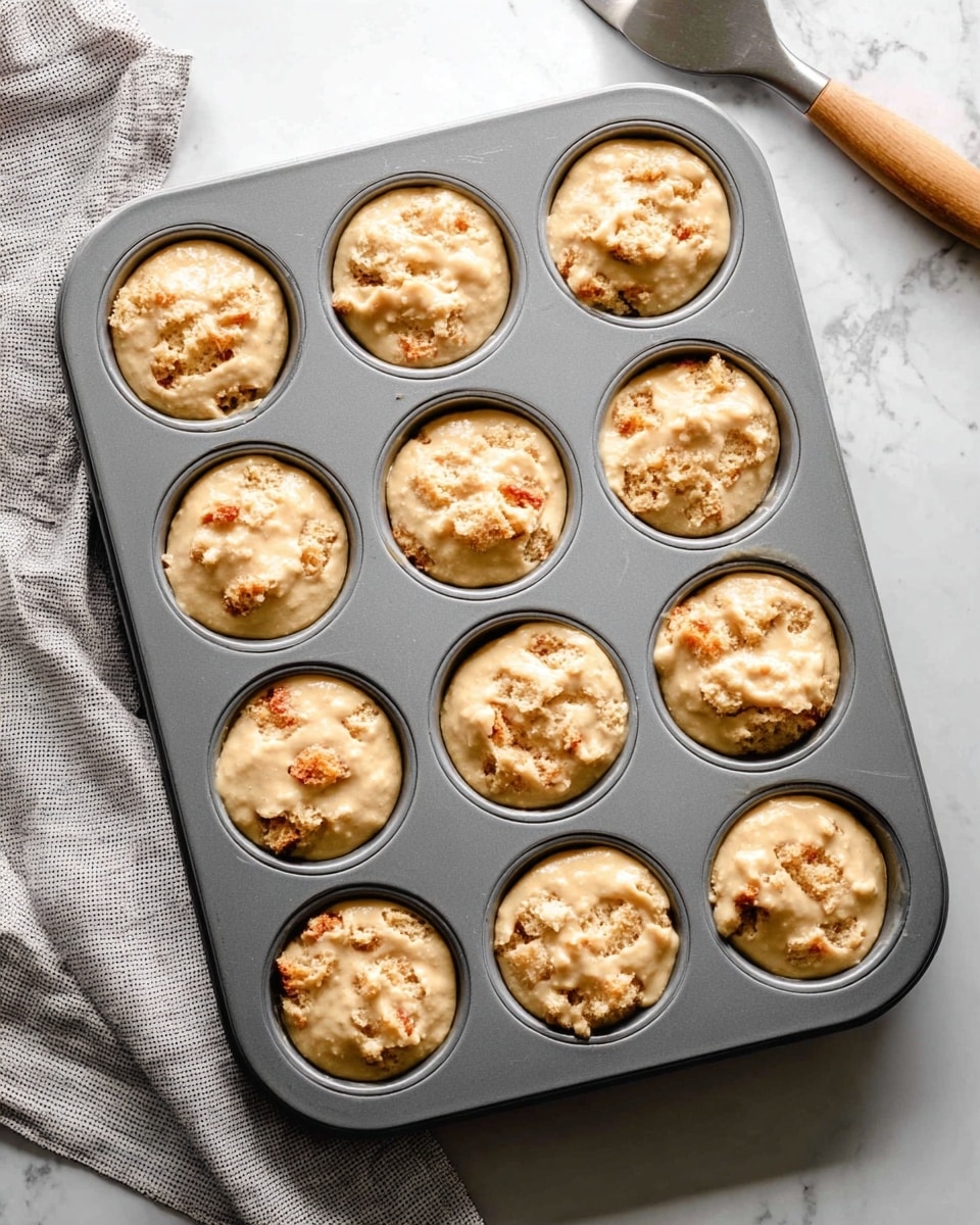 A grey muffin tray with twelve round wells is filled with a creamy, light beige batter mixed with small, chunky pieces of golden brown bread. Each well contains a mix of the smooth batter and uneven bread bits on top, creating textured, slightly lumpy surfaces. The tray is set on a white marbled surface next to a folded grey and white striped cloth on the upper left and a metallic tool with a wooden handle on the upper right. The light creates soft shadows and highlights on the batter, showing a moist, thick consistency. photo taken with an iphone --ar 4:5 --v 7