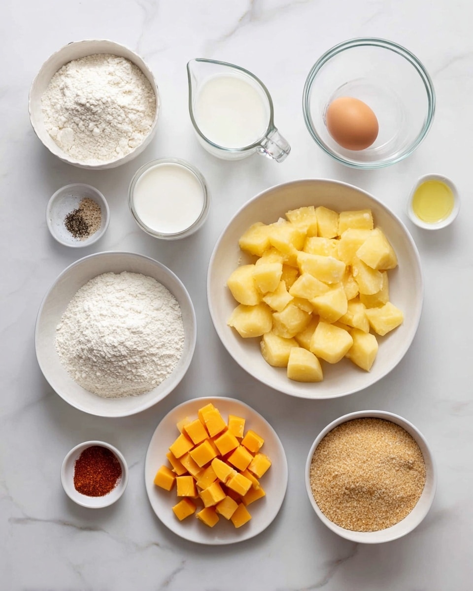 A top-down view of several bowls and plates on a white marbled surface. In the center is a large bowl filled with yellow potato cubes. To the upper right is a small glass bowl with a raw egg, and next to it is a small clear measuring cup with white milk. To the left of these are two white bowls, one with white flour and the other with a white powder. Below the flour bowl is a white plate holding orange cheddar cheese cubes. To the bottom right, a white bowl contains breadcrumbs, and next to it is a small glass bowl filled with light yellow oil. There are two small white dishes, one with salt and black pepper, and the other with a small amount of red spice powder. All containers are neatly arranged with clear details showing texture and color contrast photo taken with an iphone --ar 4:5 --v 7