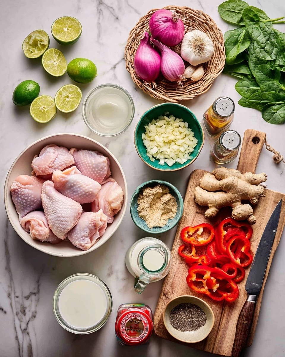The image shows a top view of various fresh ingredients arranged on a white marbled surface. In the bottom left, there is a white bowl filled with raw chicken thighs, pink and moist in texture. Above that, several lime halves and wedges are scattered, bright green and juicy. Near the center top, a light brown woven basket holds whole ginger roots, purple shallots, and a garlic bulb. To the right, a wooden cutting board carries minced garlic in a small green bowl, three whole garlic cloves, chopped shallots in a beige bowl, and sliced red bell peppers ranging from whole halves to thin strips. There is a knife with a wooden handle on the board. Additionally, two glasses of coconut milk, a bottle of soy sauce, a small jar of ground spice with a wooden spoon, a wooden bowl of salt, and a red curry paste tin are also displayed, lending depth and color variety to the scene. Fresh spinach leaves are placed in the top right corner. The photo is taken with an iphone --ar 4:5 --v 7