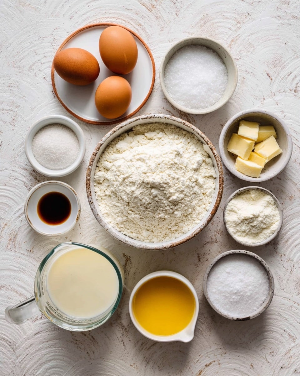 A flat lay of various baking ingredients arranged neatly on a white marbled surface with a soft circular pattern. In the center is a rustic white bowl filled with white flour. To its left are two brown eggs placed on a small white plate with a warm tone edge, and below that a clear glass measuring cup filled with creamy milk. To the right of the flour bowl, there are smaller white rustic bowls containing white powdered ingredients and granulated sugar. Above the flour bowl is a small white dish with dark brown liquid, likely vanilla extract. Below the flour bowl, there's a small white bowl holding a yellow, melted butter-like substance, and next to it a small white pitcher with golden oil. The overall color palette is light and earthy with white, brown, yellow, and cream tones. photo taken with an iphone --ar 4:5 --v 7