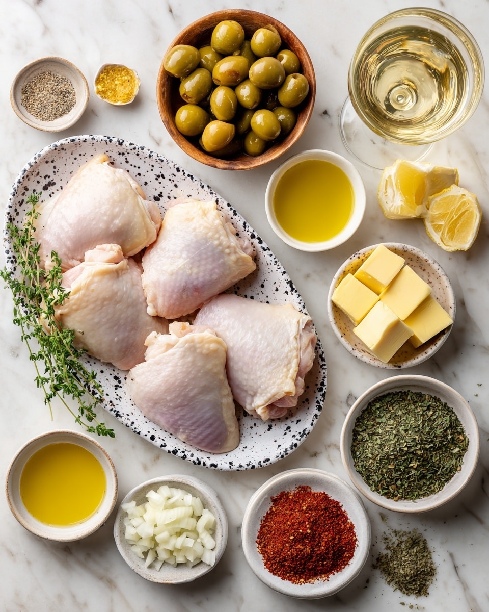 Five raw chicken thighs with pale pink skin and white fat sit on an oval white plate with black speckles, placed in the center. Around the plate are small white bowls and glass containers holding various ingredients: bright green whole olives, chopped dark green parsley, golden yellow olive brine, light yellow olive oil, pale yellow dijon mustard, translucent yellow lemon juice, creamy yellow butter cubes, white chopped onion in a small wooden bowl, white sliced garlic, a small bowl of black pepper, a small bowl of white salt, a small bowl of finely shredded bright yellow lemon zest, a small bowl of dark red paprika, a small bowl of green Italian seasoning, and a small bowl of dark green thyme leaves. A small glass holds pale golden dry white wine. All items sit on a white marbled texture surface. photo taken with an iphone --ar 4:5 --v 7