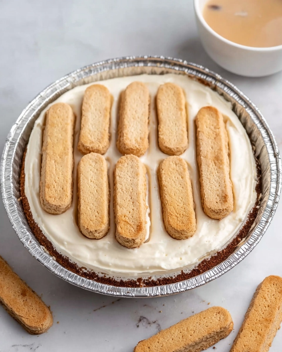 The image shows a round dessert in a silver pan lined with foil. The dessert has two visible layers: the bottom layer is brown and crumbly, likely a crust, and the top layer is smooth and creamy white. On top of the white layer, there are eight ladyfinger biscuits placed neatly, with five whole biscuits in the top row and three biscuit halves in the bottom row. Two ladyfinger biscuits rest on the white marbled surface near the pan, and a white bowl with a light brown liquid is partly visible in the top right corner. The photo taken with an iphone --ar 4:5 --v 7