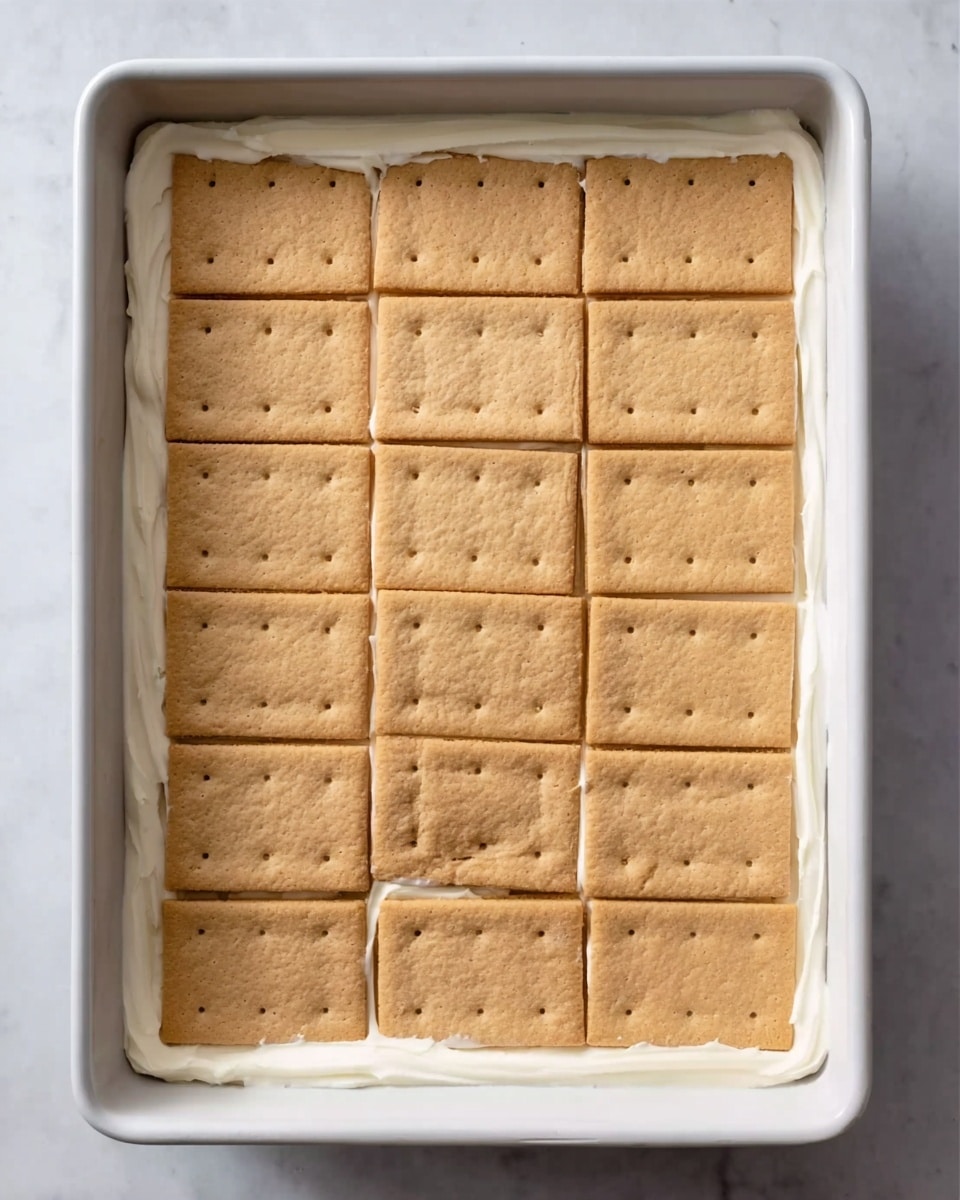 A rectangular white baking tray on a white marbled surface holds a layer of white cream spread evenly at the bottom. On top of the cream, there are rectangular light brown cracker pieces arranged closely together in a grid pattern, filling the tray evenly with three rows and five columns. The crackers have small holes and a slightly rough texture. Photo taken with an iphone --ar 4:5 --v 7