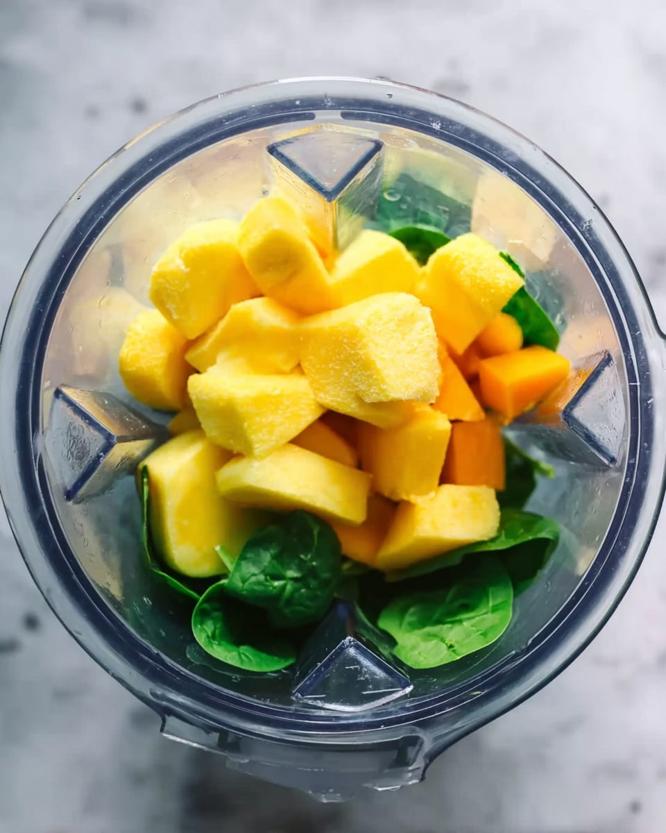 The image shows a close-up view inside a blender filled with several layers of frozen fruit and some green leaves at the bottom. The base layer consists of fresh green leaves with a smooth texture, topped by a pile of large yellow and orange frozen fruit chunks in various shapes and sizes, giving a bright and vibrant look. The clear blender container has a smooth and shiny plastic texture with sharp vertical lines that form a star-like shape at the center. The background is a white marbled surface. photo taken with an iphone --ar 4:5 --v 7