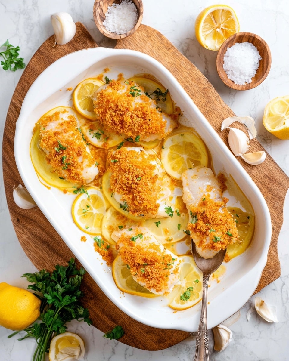 The dish shows four white fish fillets placed on thin yellow lemon slices inside a white baking dish. Each fillet has an orange-brown crumbly topping spread unevenly across the surface. A silver spoon is lifting one fillet with some topping on it, hovering over the dish. The dish is sitting on a round wooden board, and around it are several lemon slices, a halved lemon with a wooden juicer, garlic cloves, a small wooden bowl of salt, and some fresh green parsley, all on a white marbled surface. Photo taken with an iphone --ar 4:5 --v 7